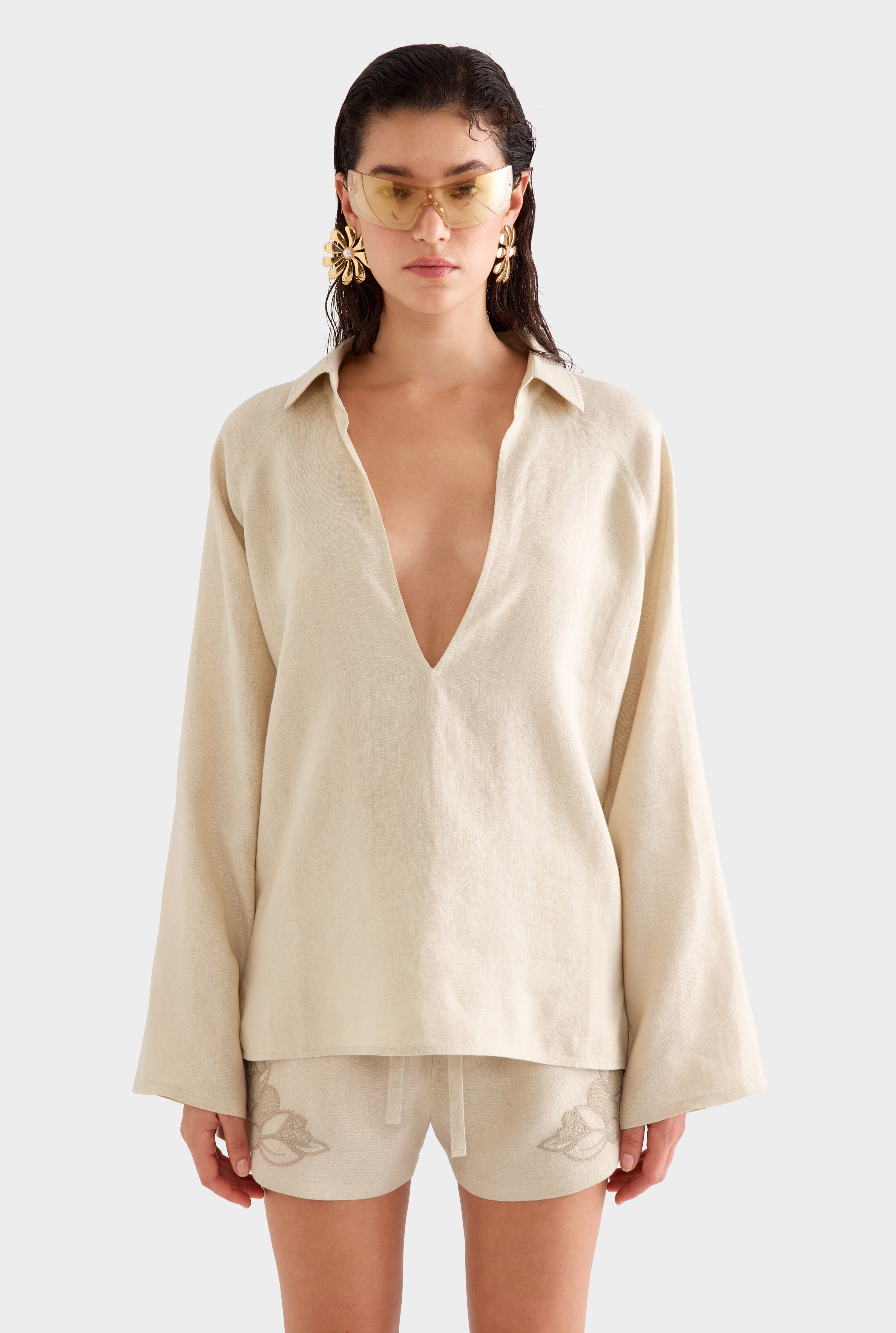 Embroidered Linen Plunge Neck Top - Pistachio Shell