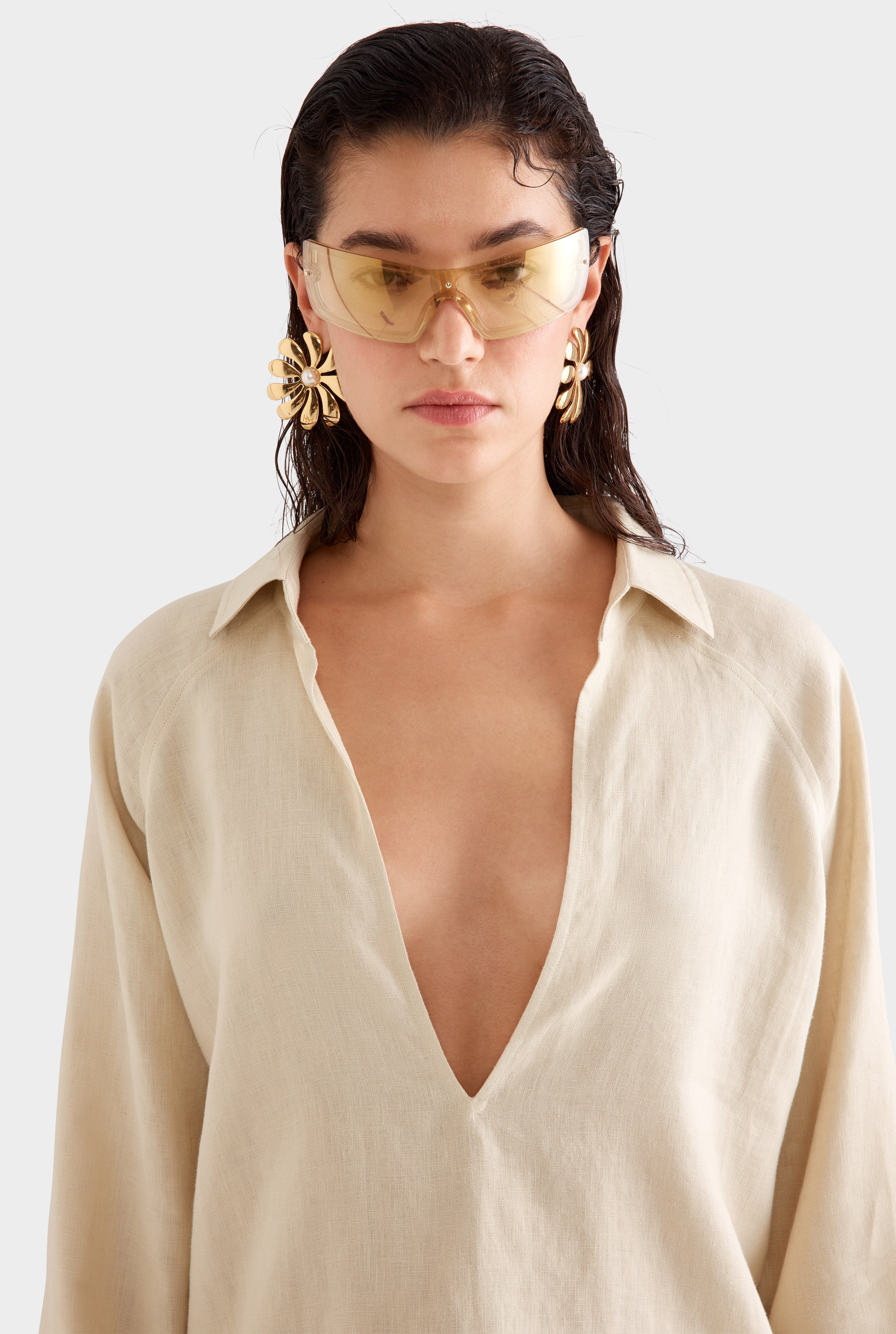 Embroidered Linen Plunge Neck Top - Pistachio Shell