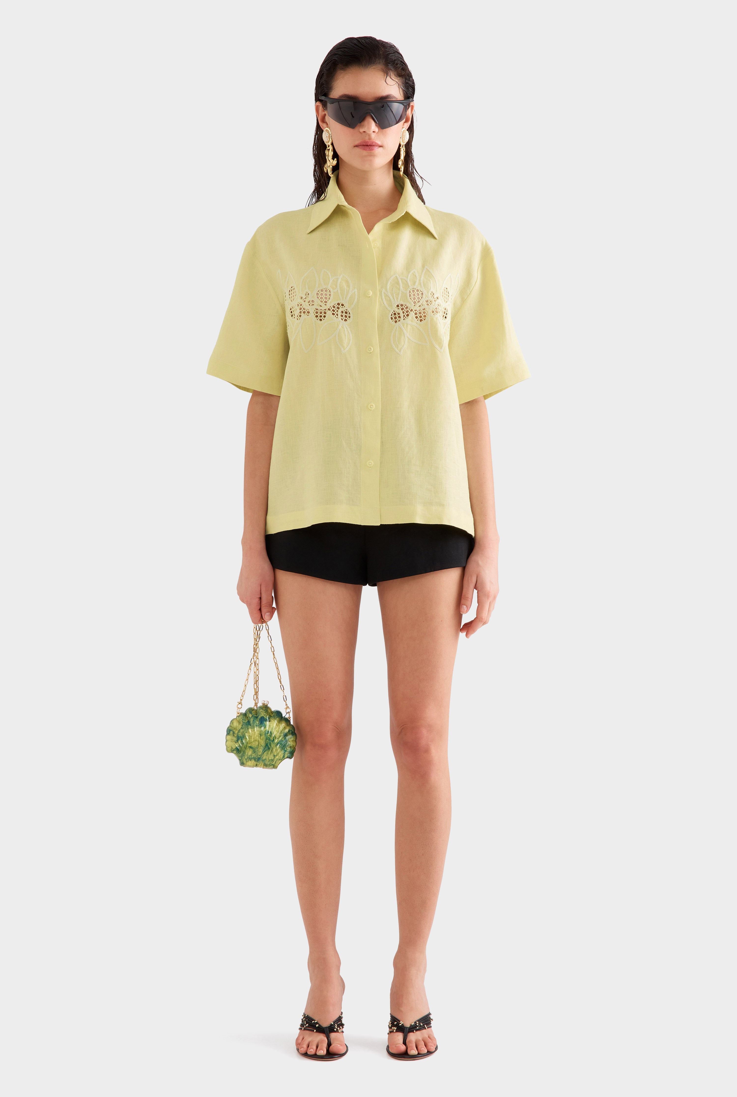 Linen Relaxed Embroidered Short Sleeve Shirt - Lemongrass