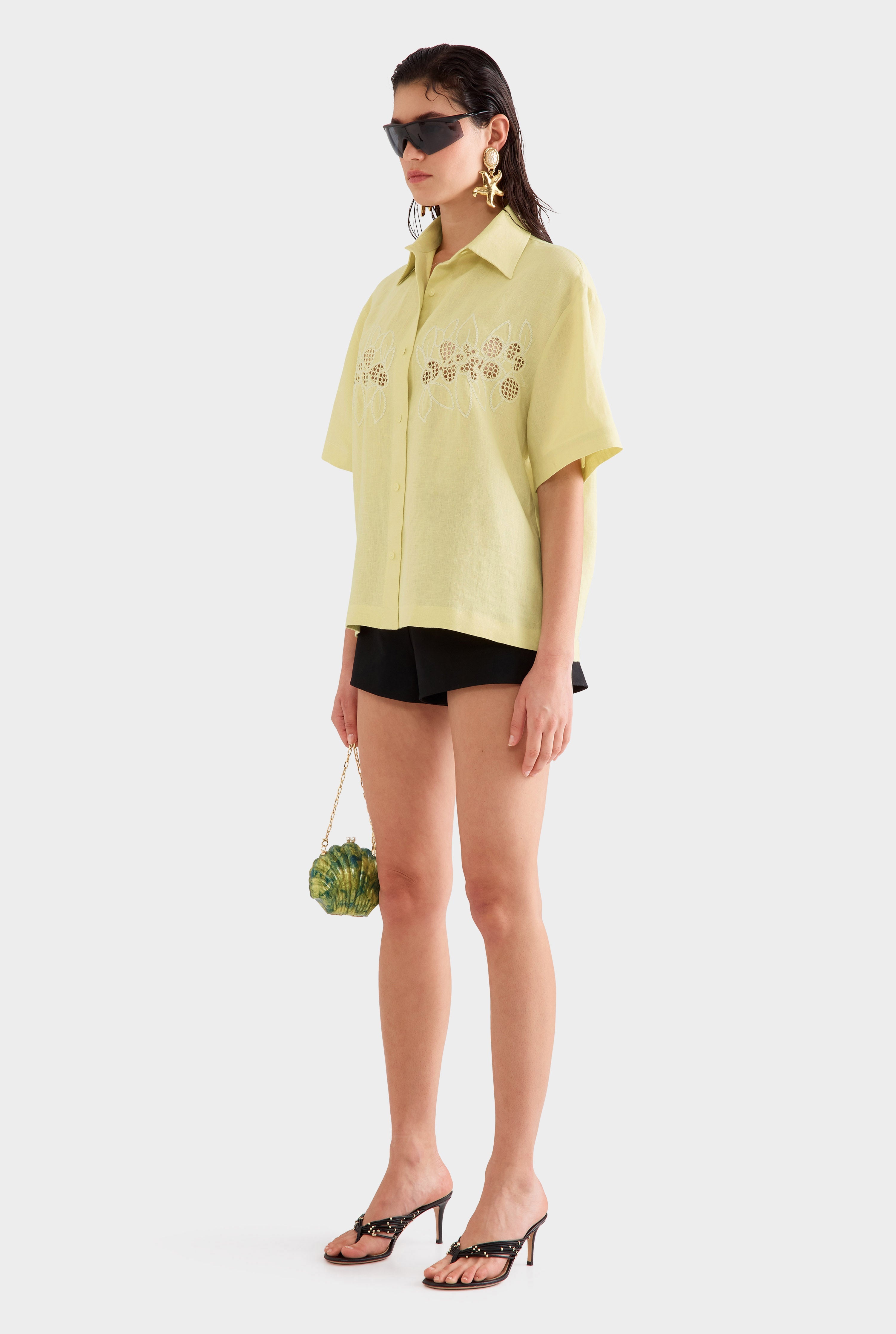 Linen Relaxed Embroidered Short Sleeve Shirt - Lemongrass
