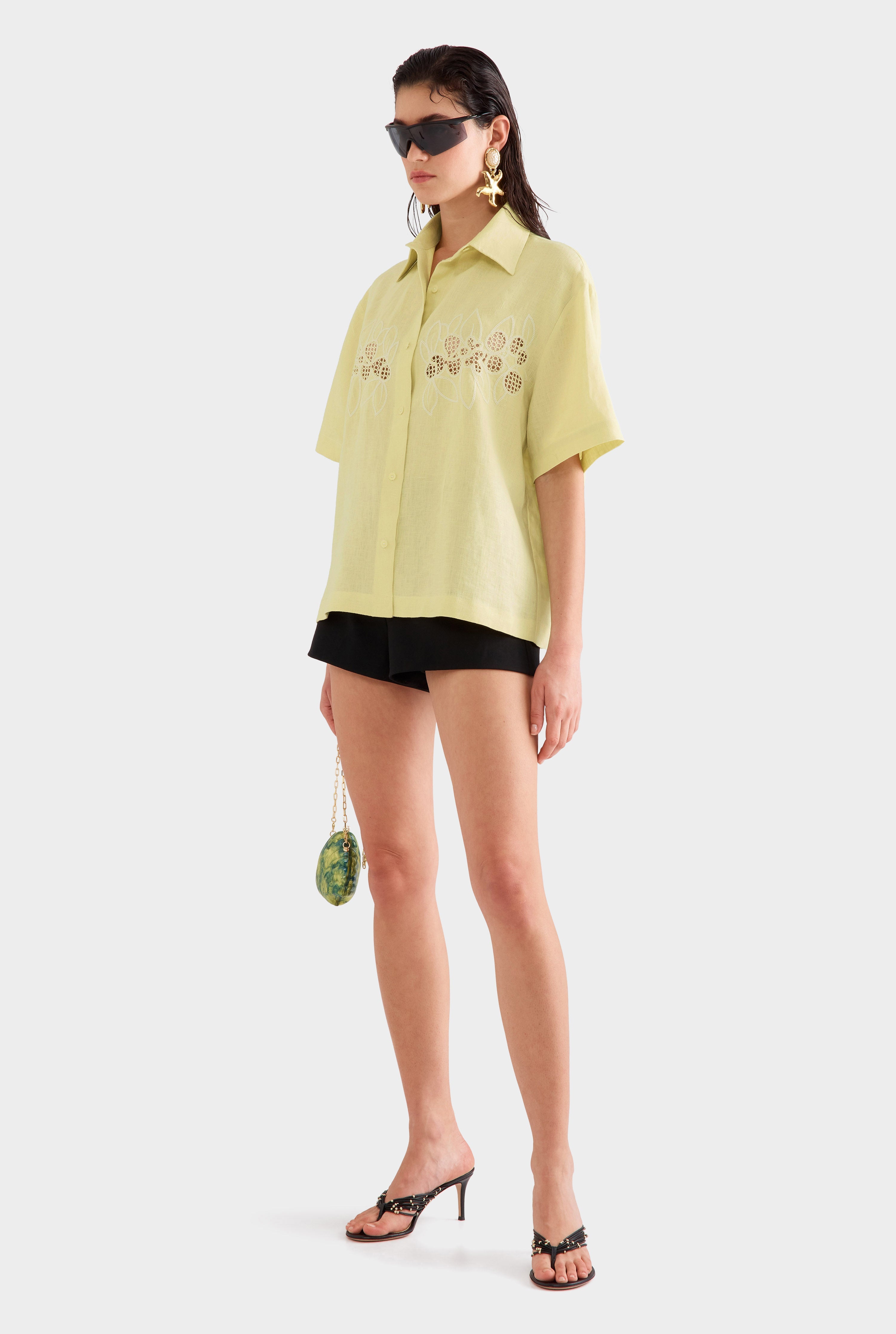 Linen Relaxed Embroidered Short Sleeve Shirt - Lemongrass