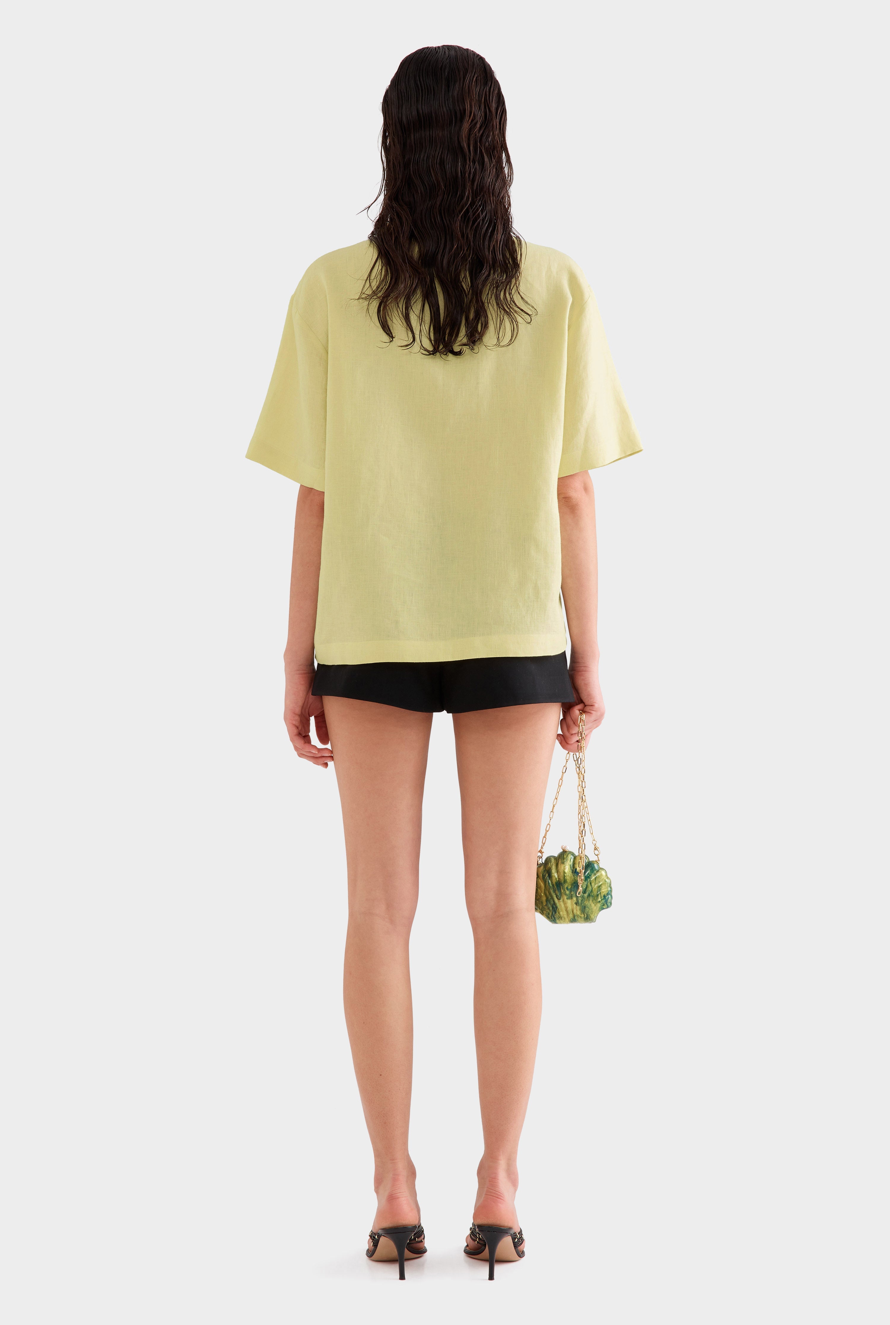 Linen Relaxed Embroidered Short Sleeve Shirt - Lemongrass
