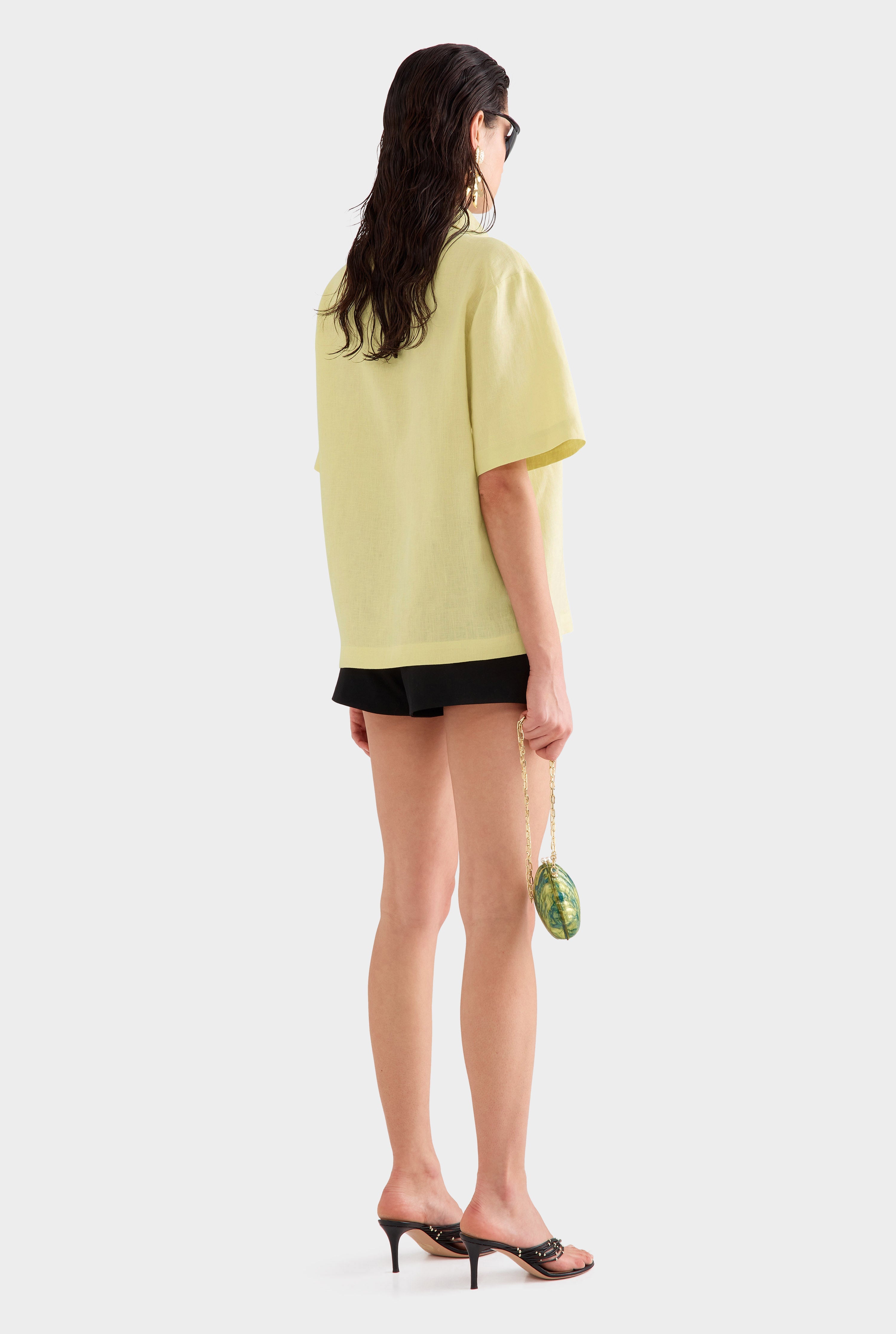 Linen Relaxed Embroidered Short Sleeve Shirt - Lemongrass