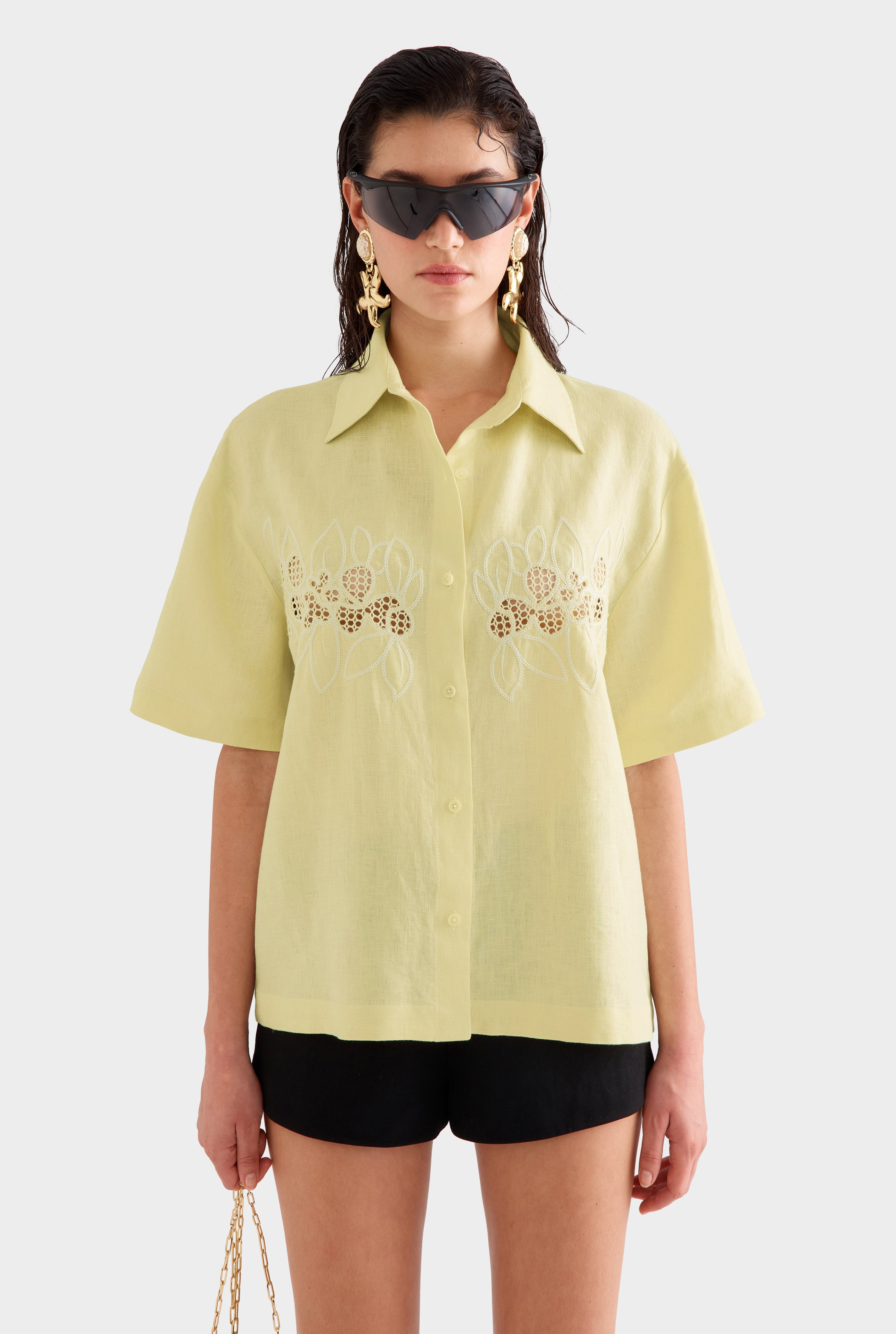Linen Relaxed Embroidered Short Sleeve Shirt - Lemongrass
