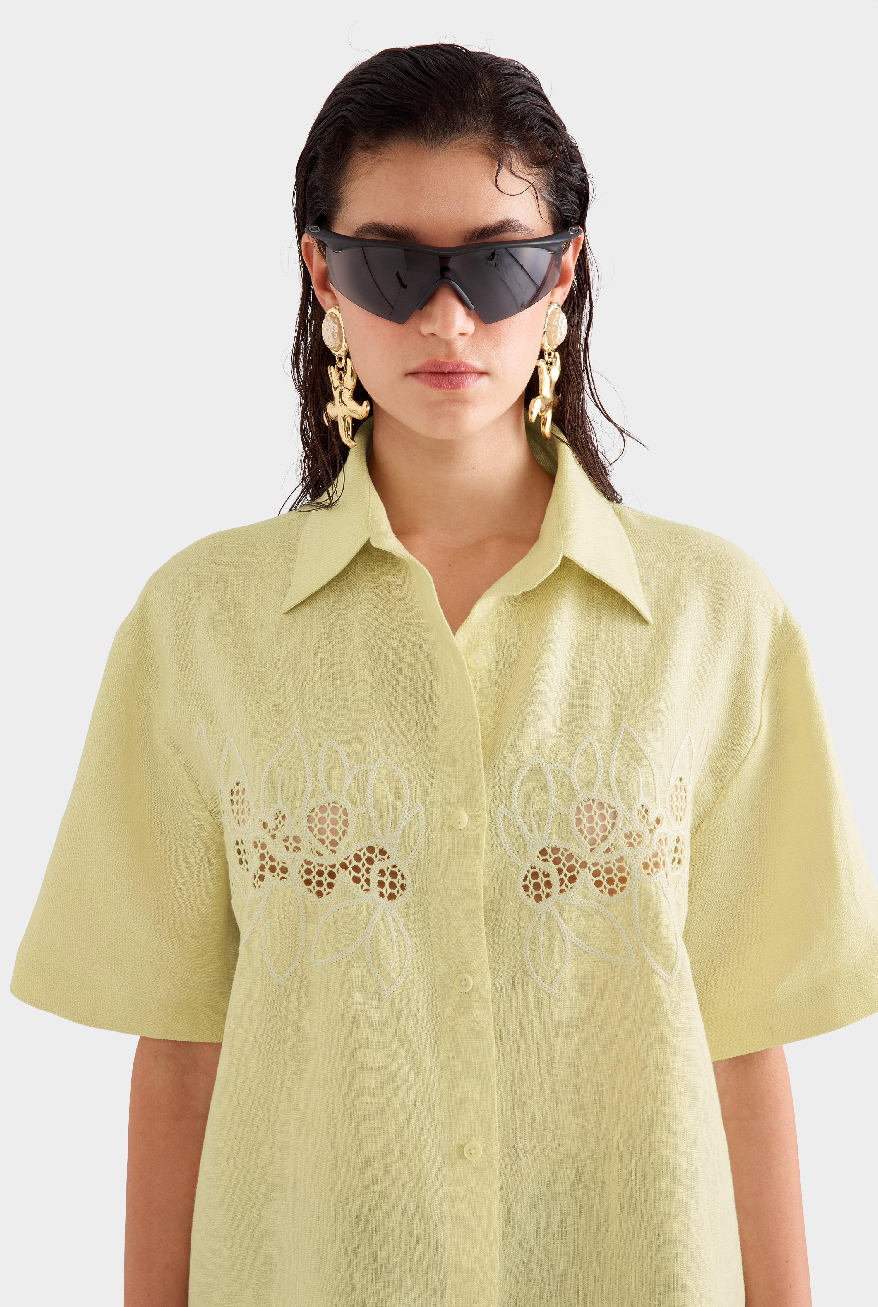 Linen Relaxed Embroidered Short Sleeve Shirt - Lemongrass