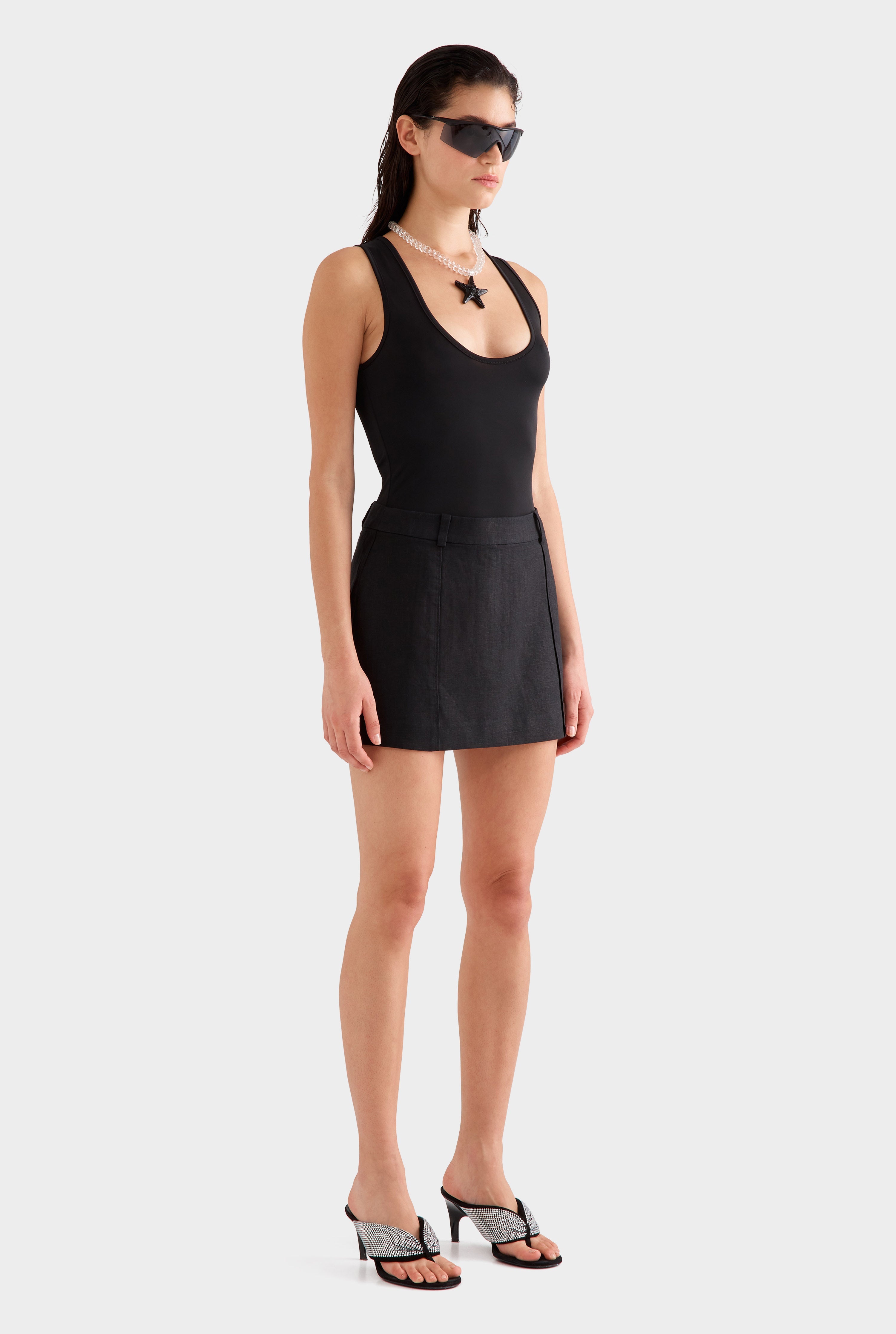 Pinstitch Linen Mini Skirt - Black
