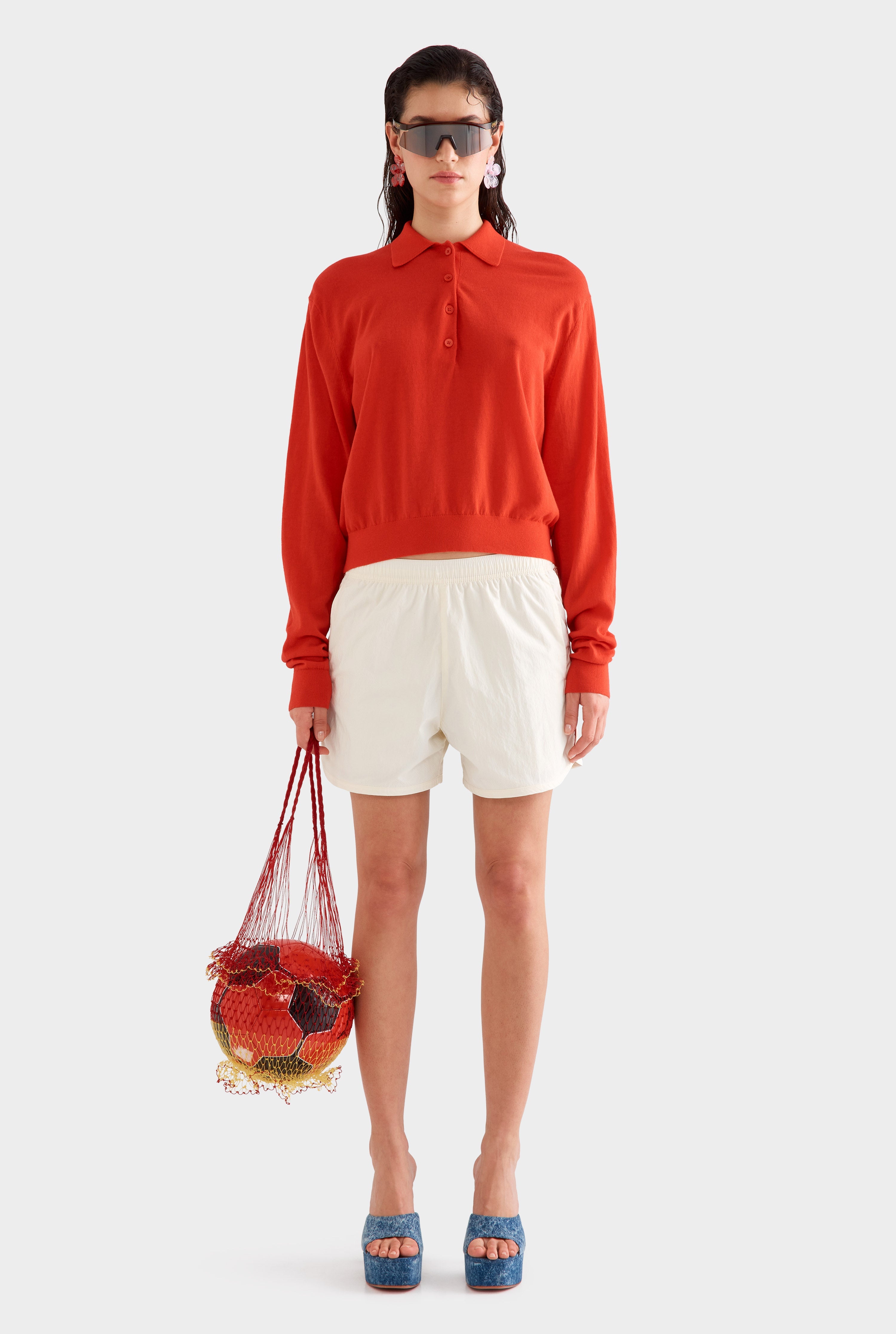 Relaxed Long Sleeve Cotton Knit Polo - Red