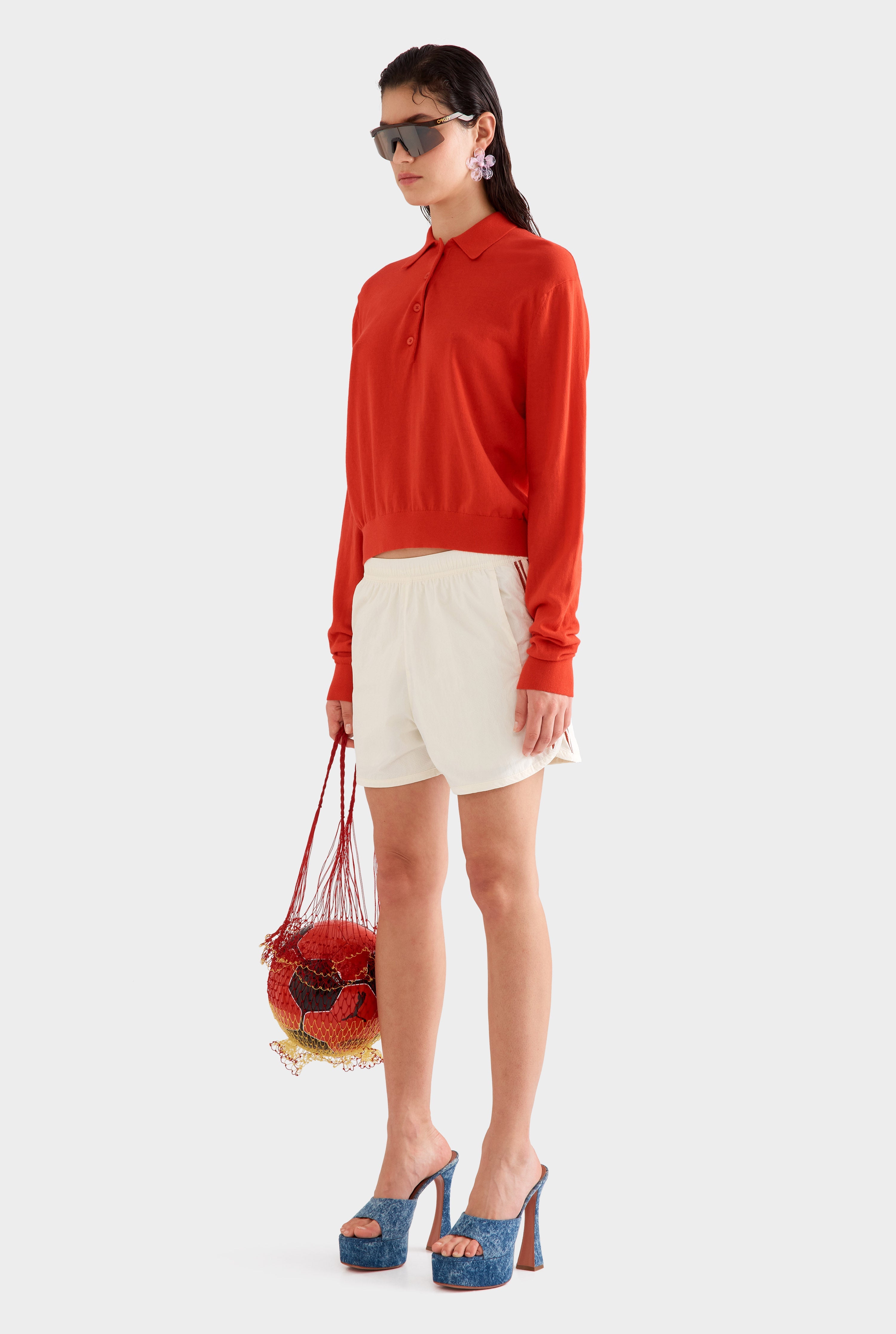 Relaxed Long Sleeve Cotton Knit Polo - Red