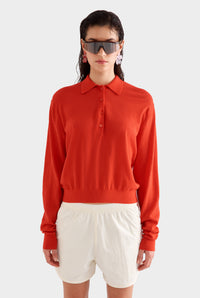 Relaxed Long Sleeve Cotton Knit Polo - Red
