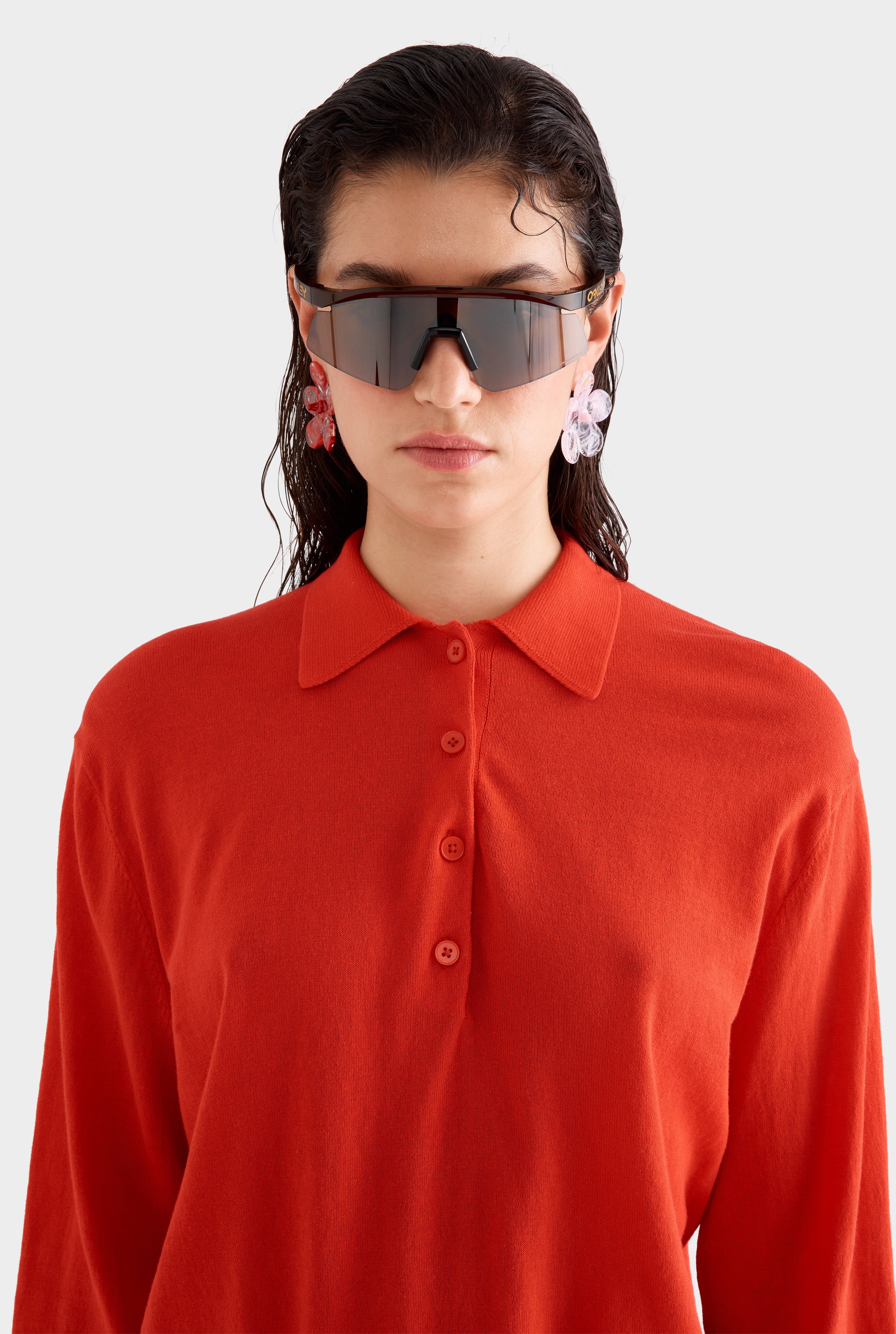 Relaxed Long Sleeve Cotton Knit Polo - Red