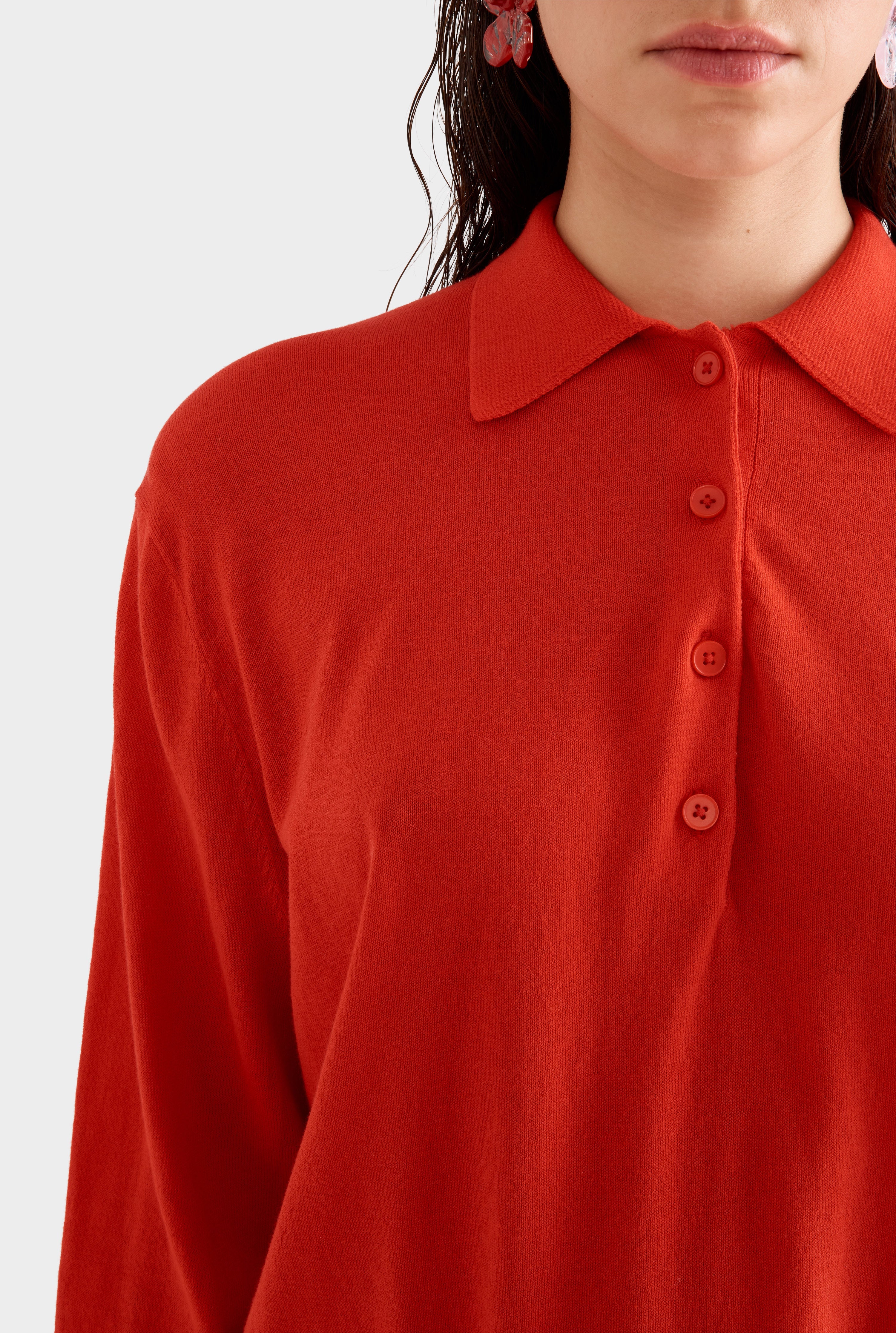 Relaxed Long Sleeve Cotton Knit Polo - Red