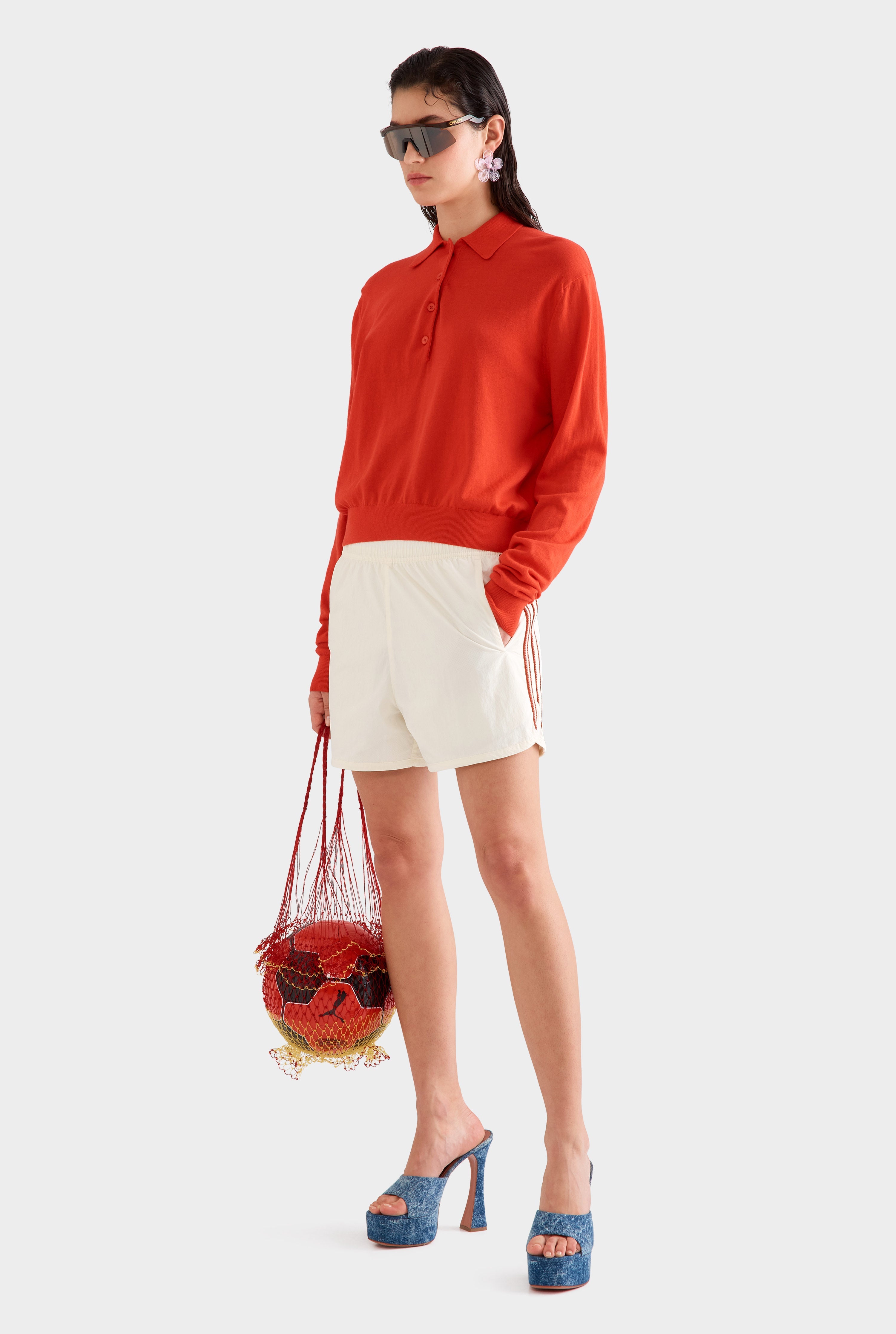 Relaxed Long Sleeve Cotton Knit Polo - Red
