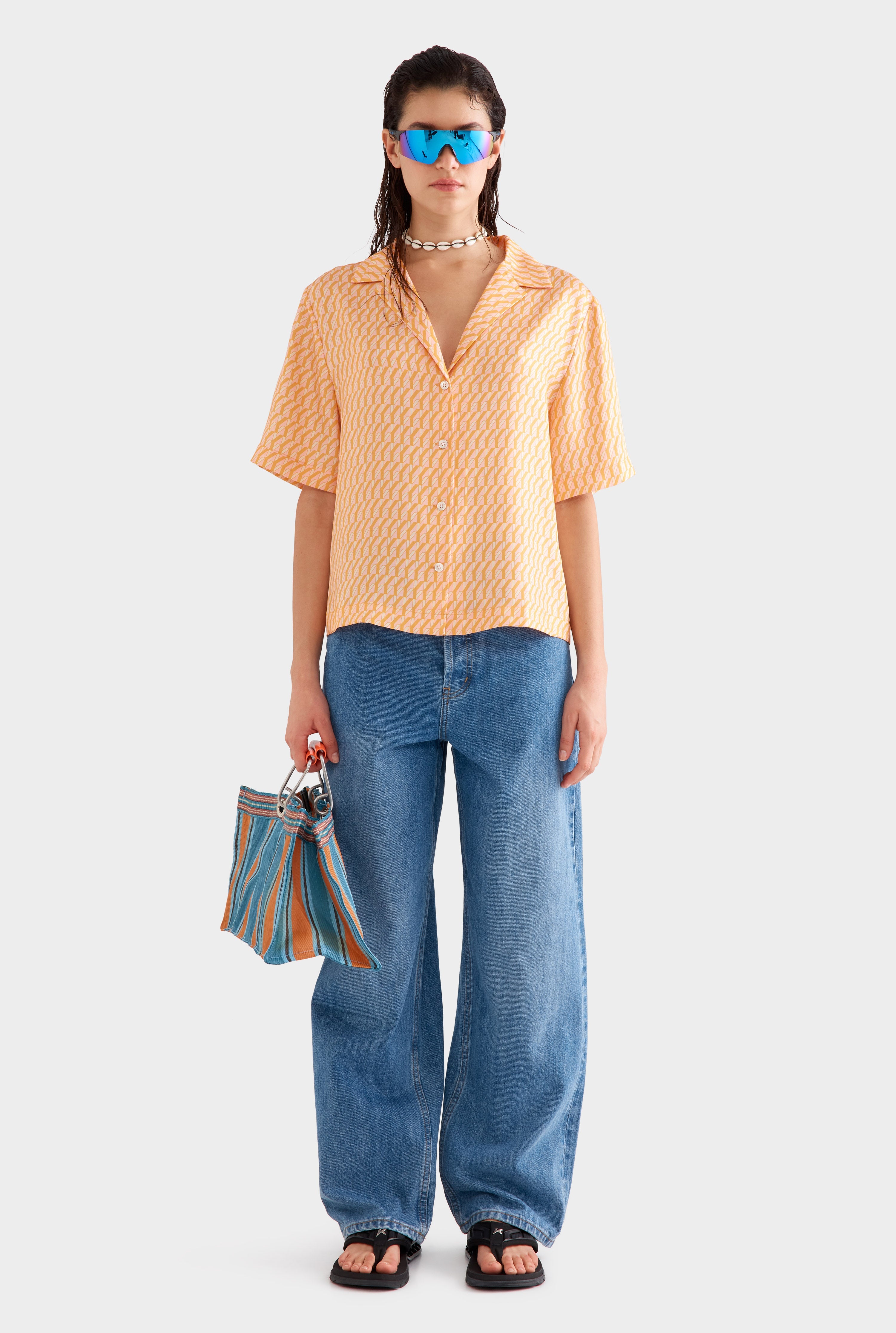 Relaxed Silk Camp Collar Shirt - Bright Orange/Pink V Monogram