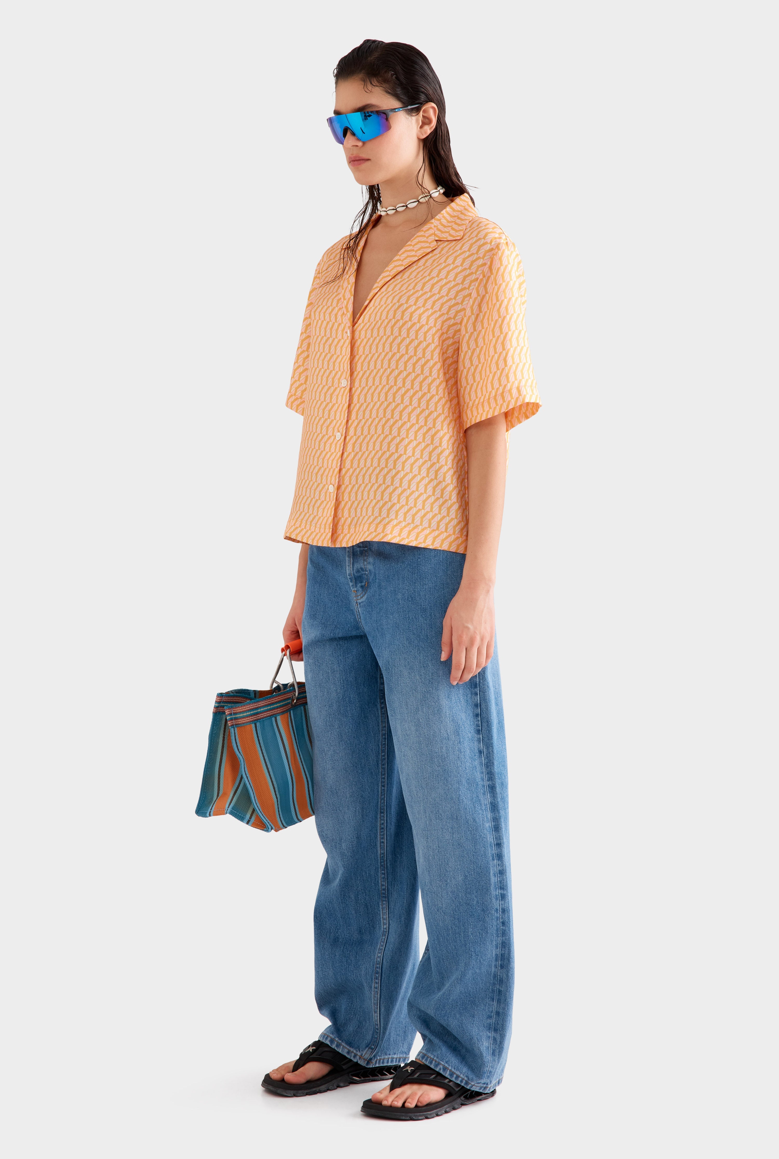 Relaxed Silk Camp Collar Shirt - Bright Orange/Pink V Monogram