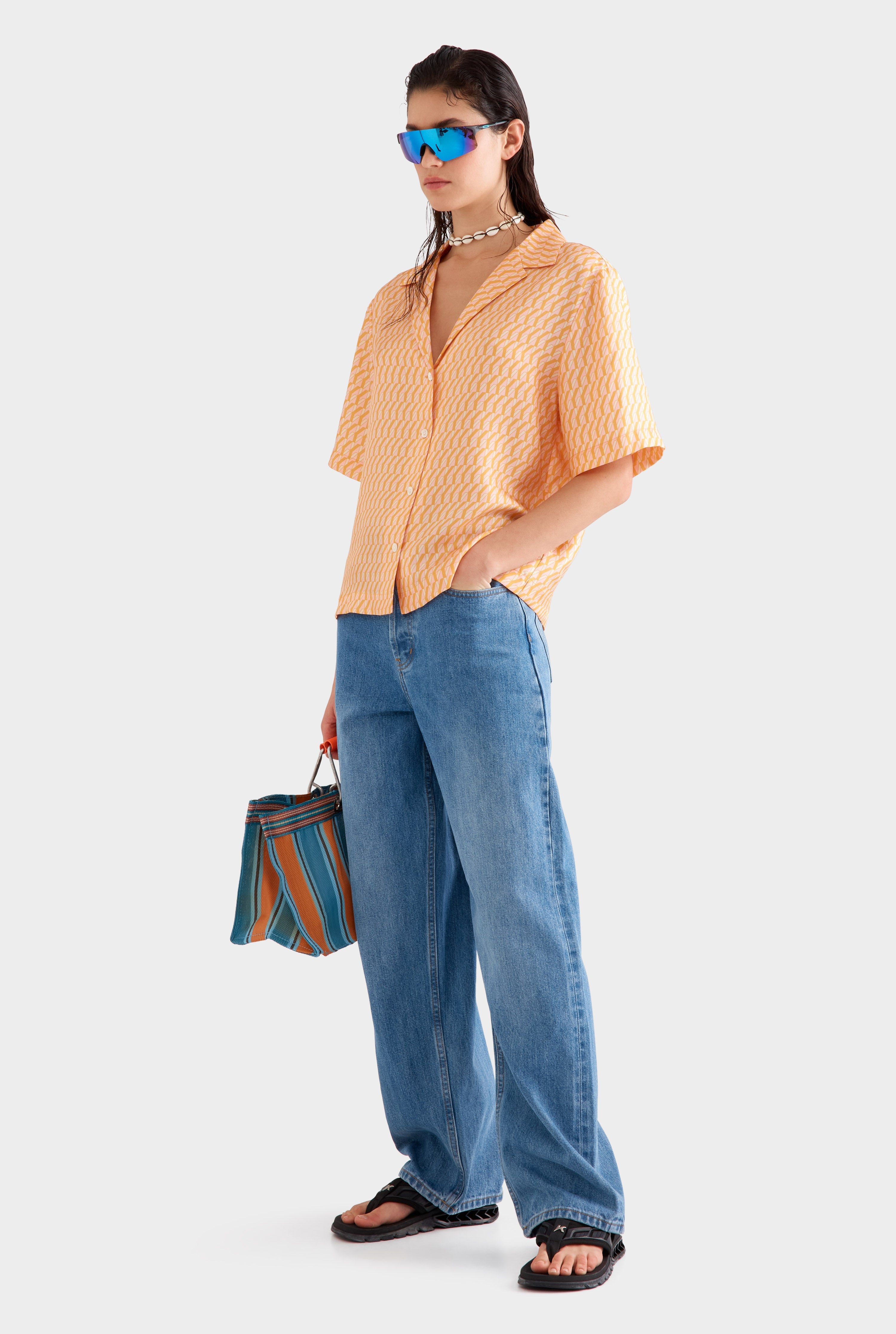 Relaxed Silk Camp Collar Shirt - Bright Orange/Pink V Monogram