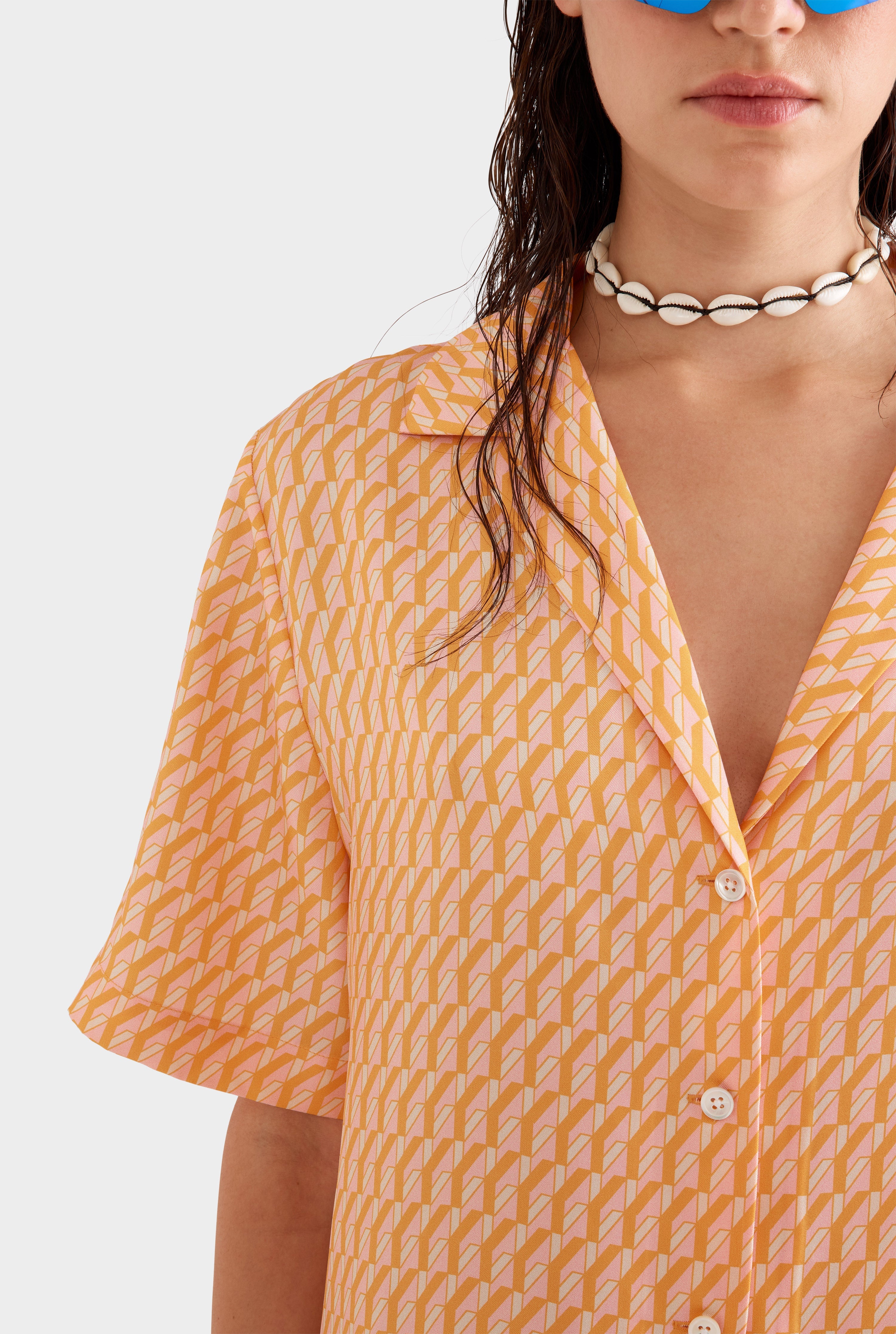 Relaxed Silk Camp Collar Shirt - Bright Orange/Pink V Monogram