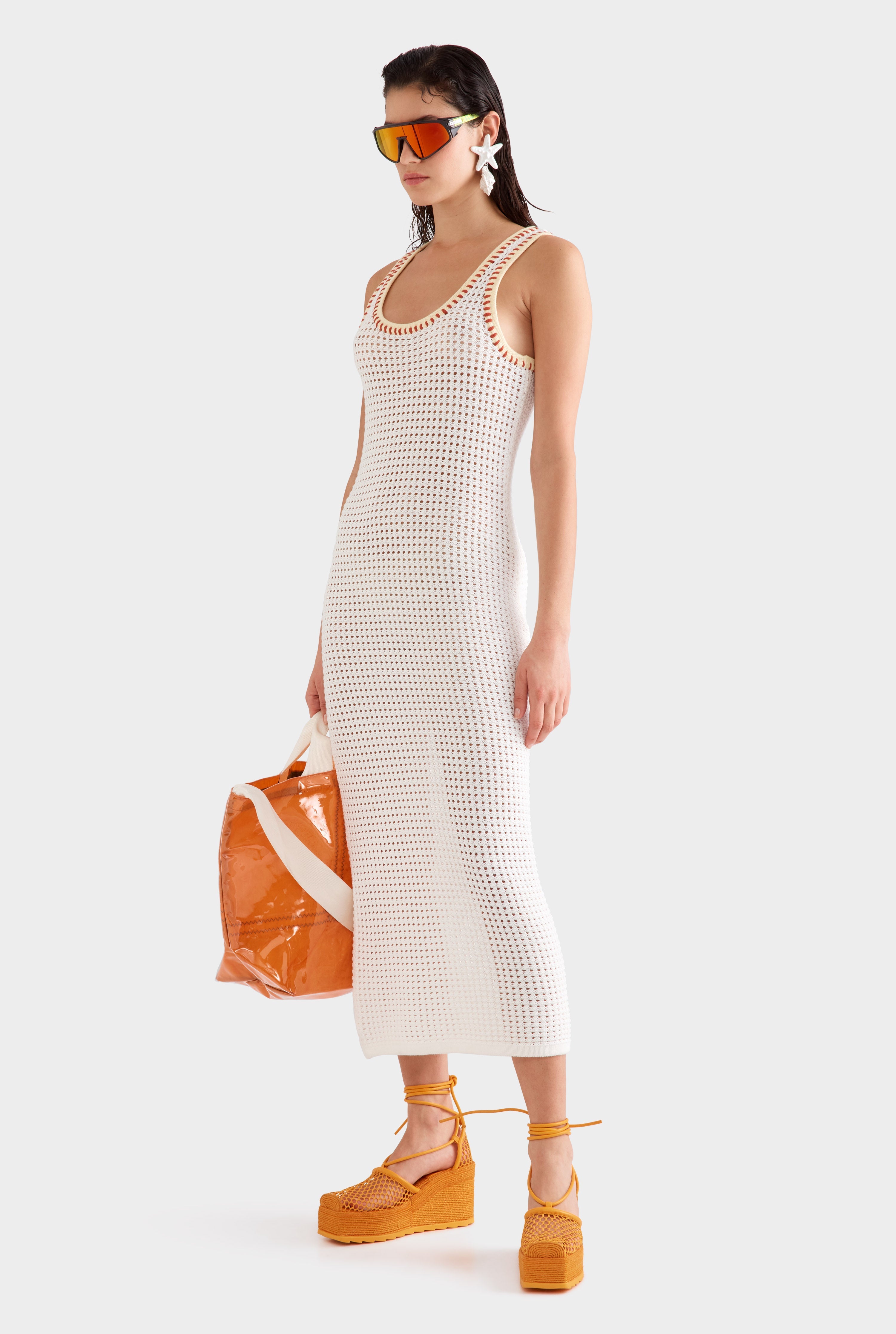 Scoop Neck Crochet Dress - Off White/Yellow/Red