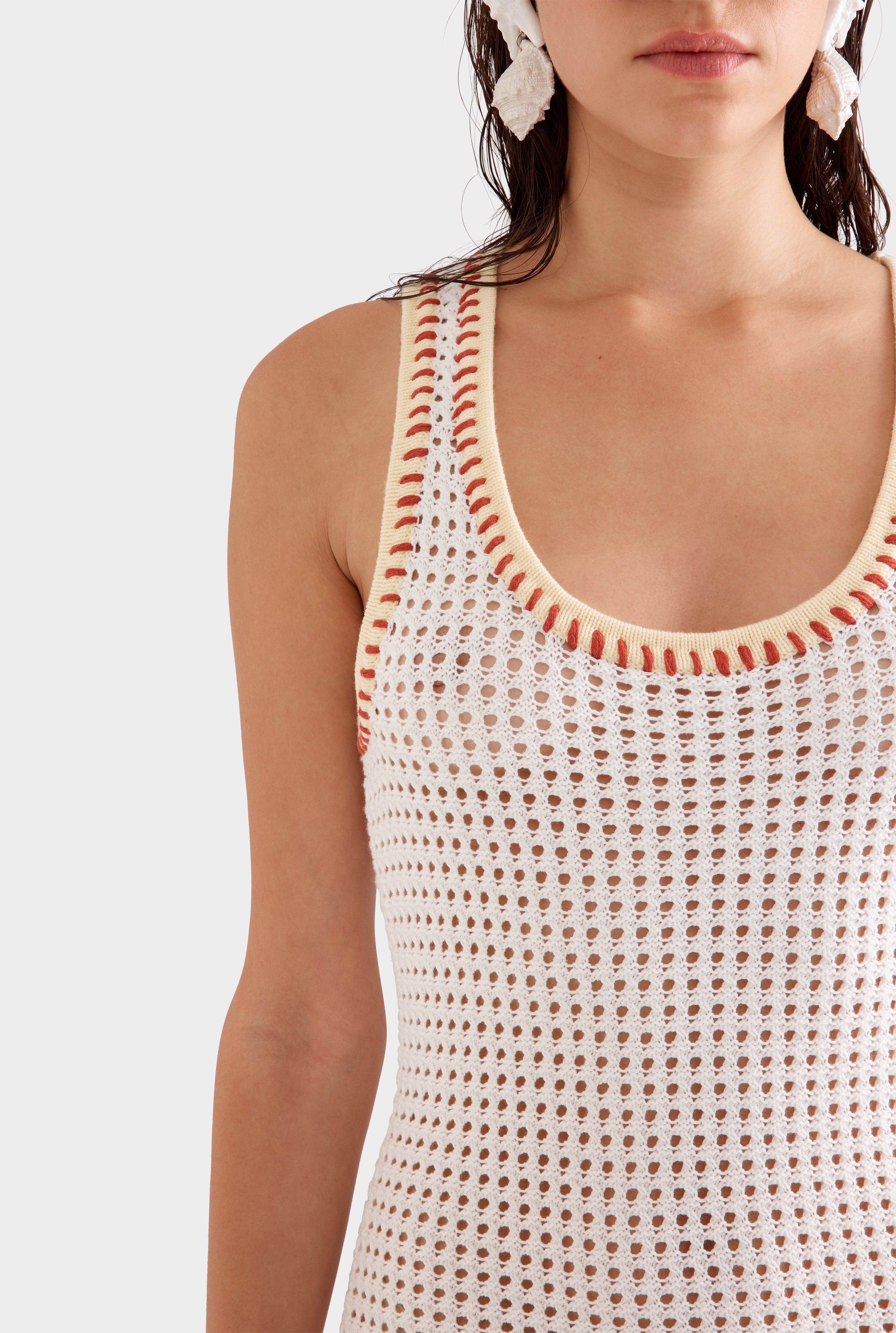 Scoop Neck Crochet Dress - Off White/Yellow/Red
