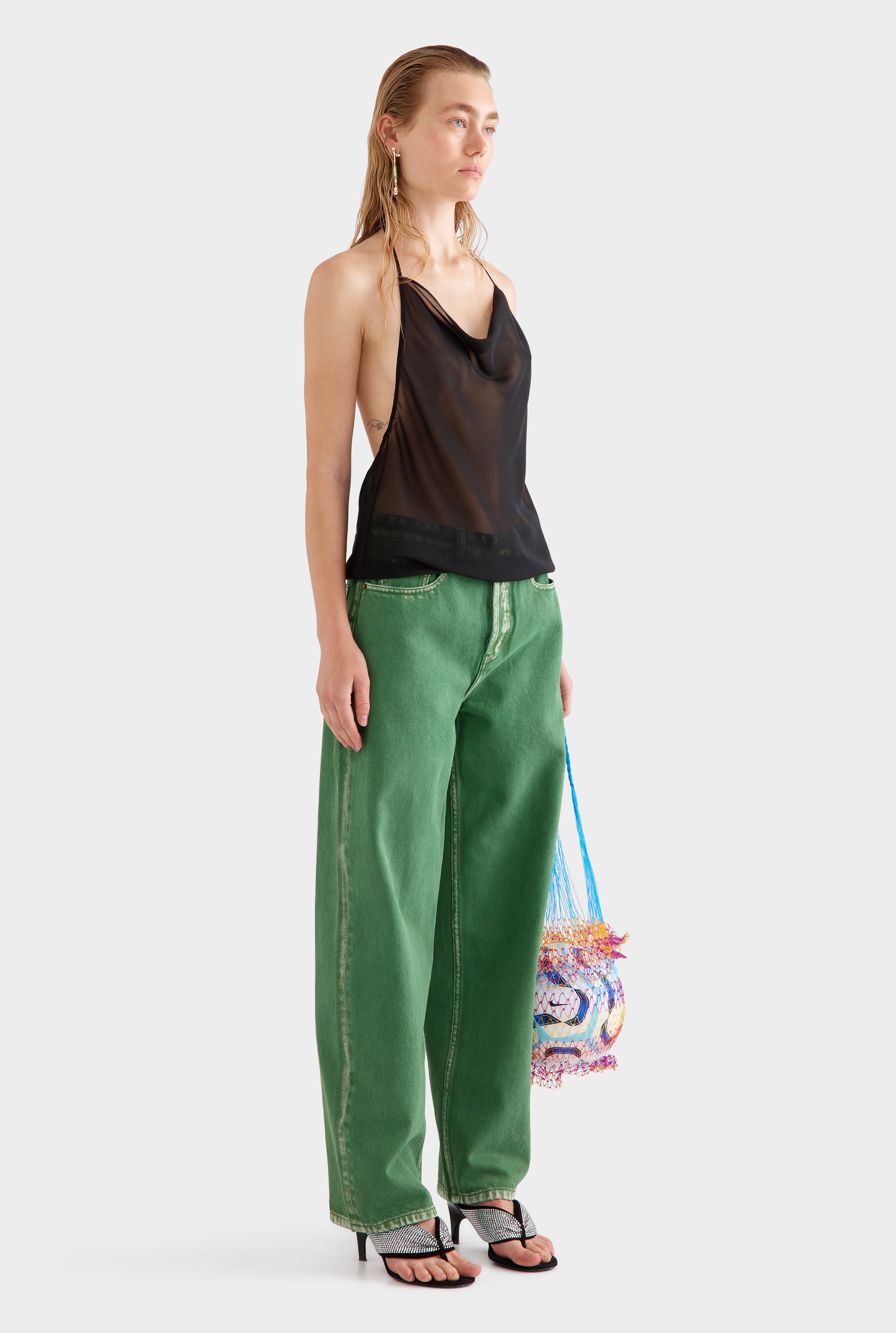Sheer Silk Cowl Neck Halter Top - Black