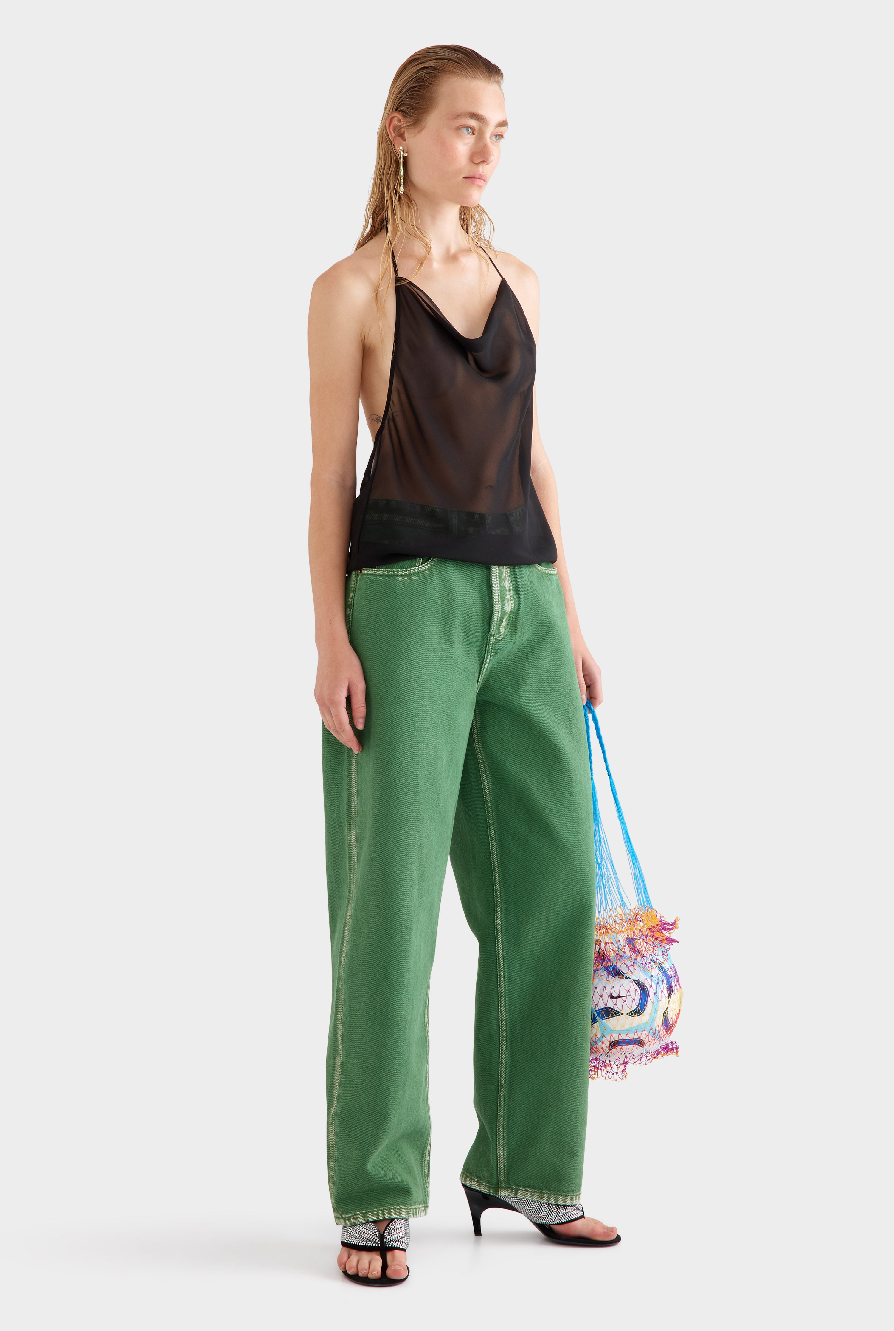 Sheer Silk Cowl Neck Halter Top - Black