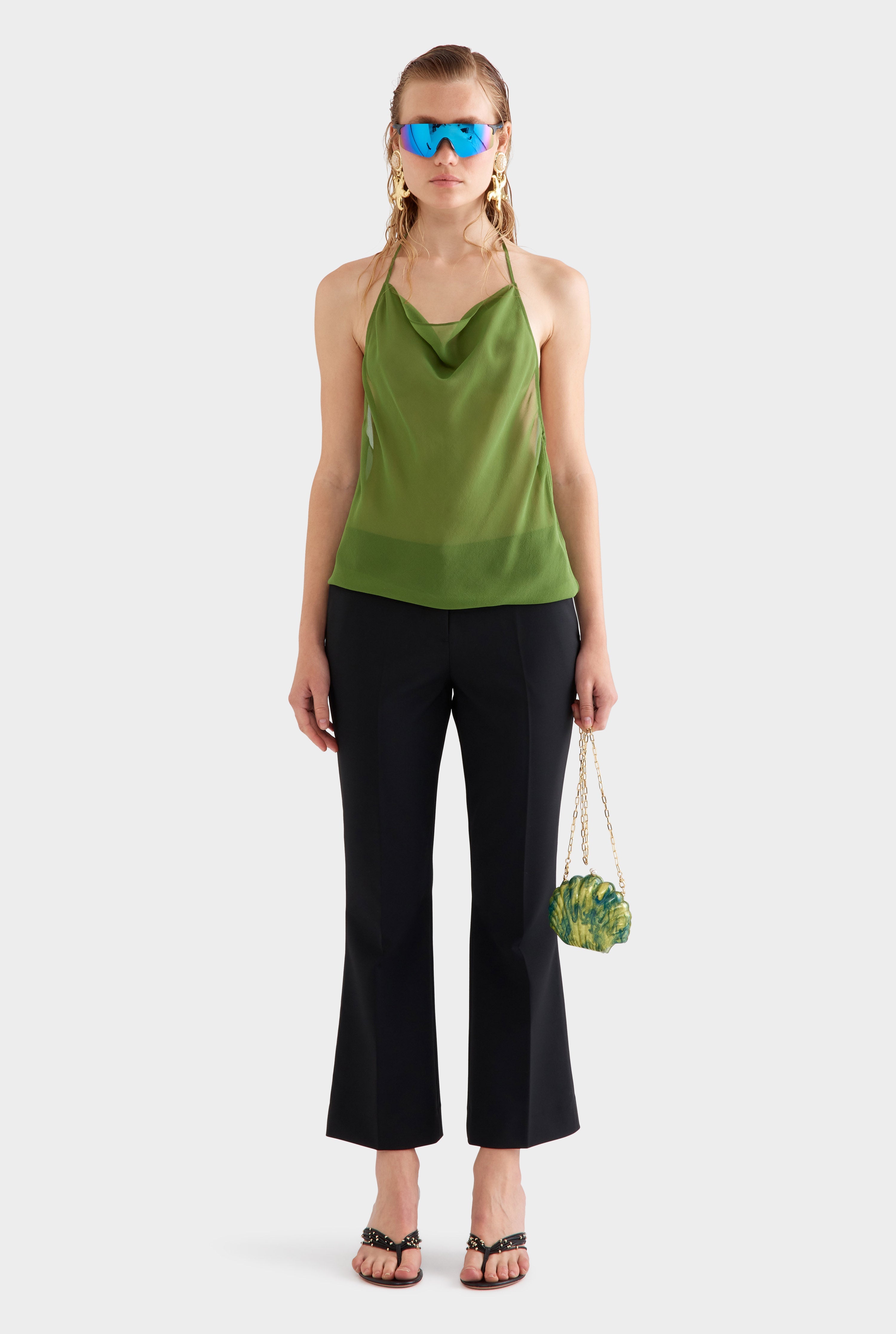 Sheer Silk Cowl Neck Halter Top - Cactus