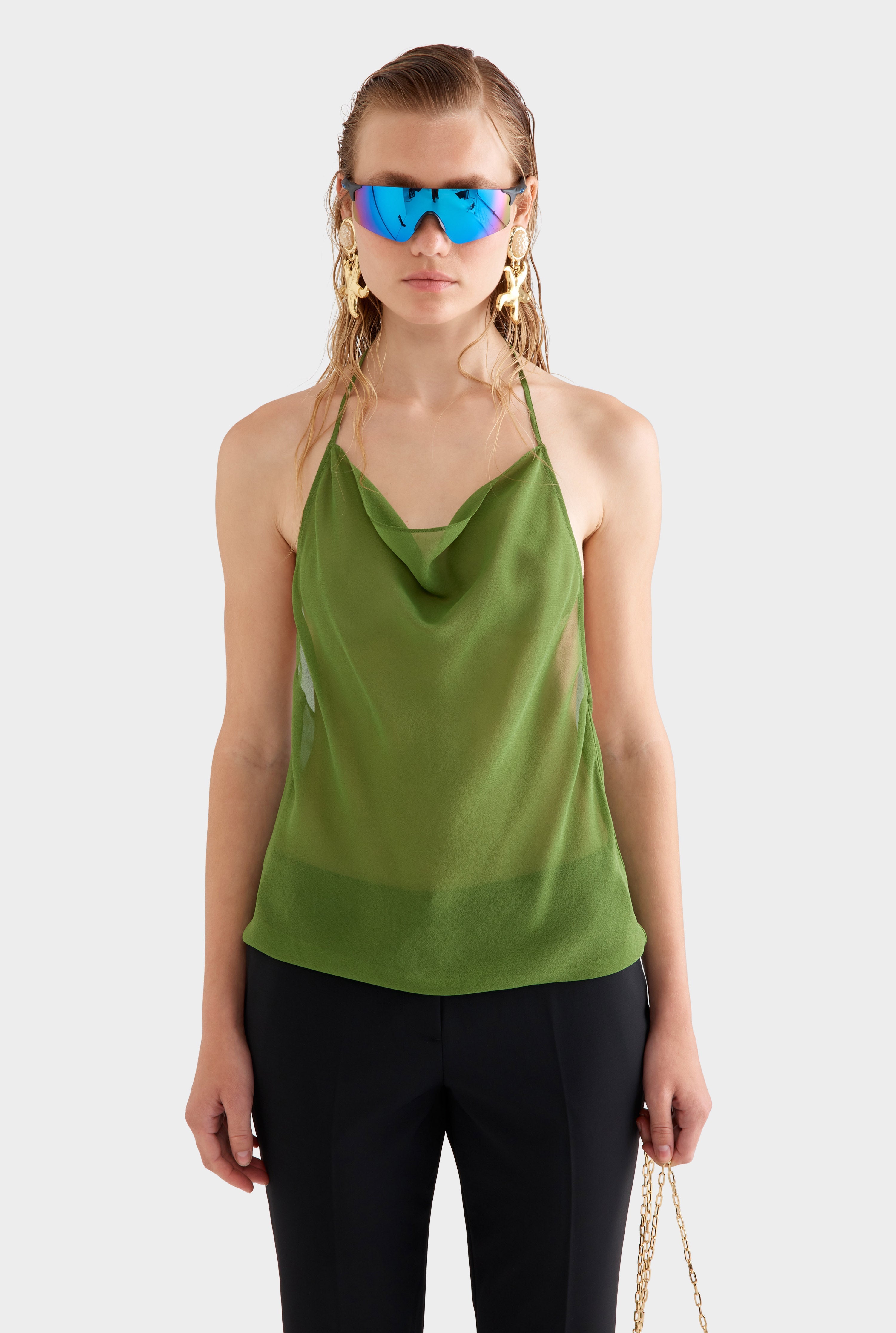 Sheer Silk Cowl Neck Halter Top - Cactus
