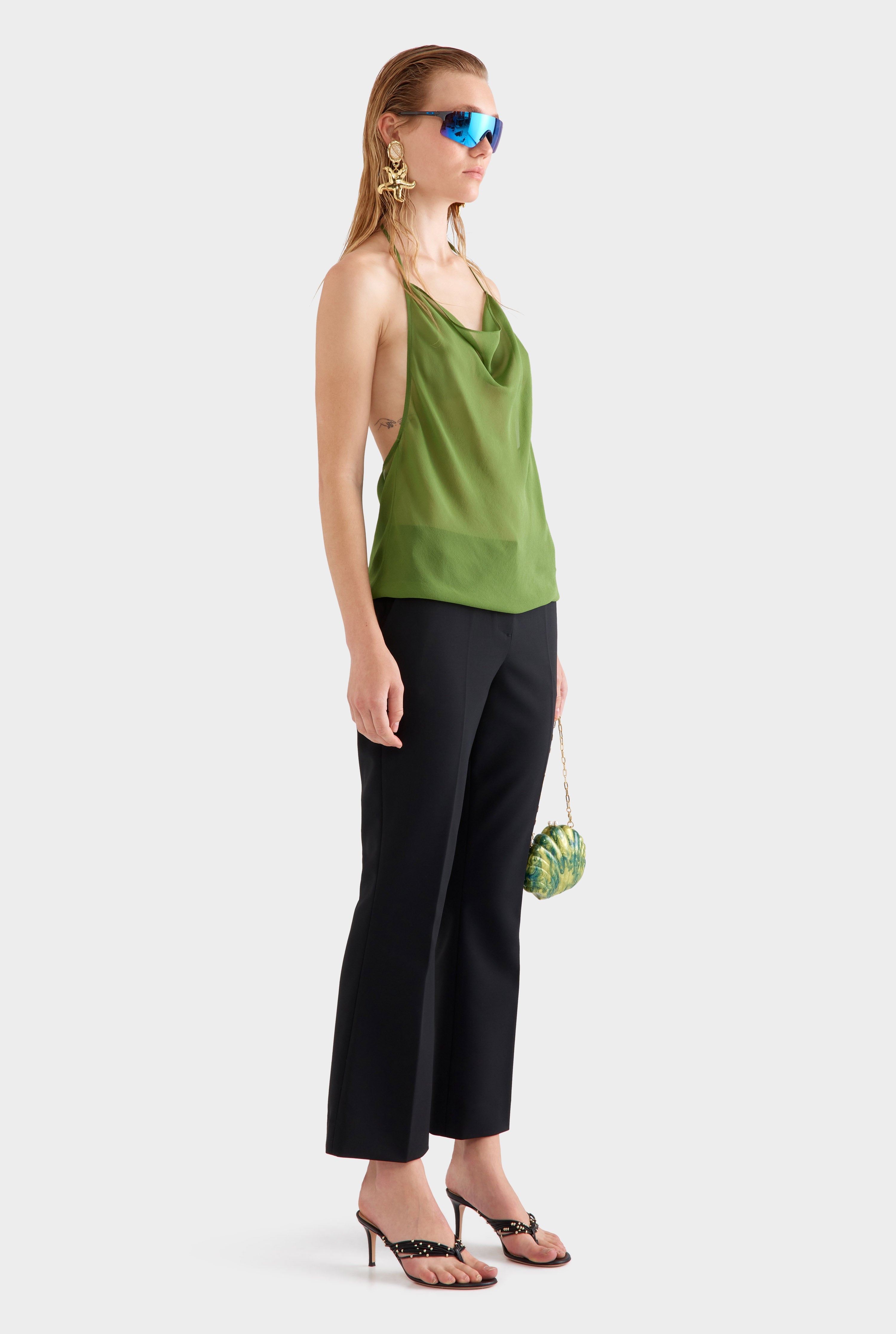Sheer Silk Cowl Neck Halter Top - Cactus