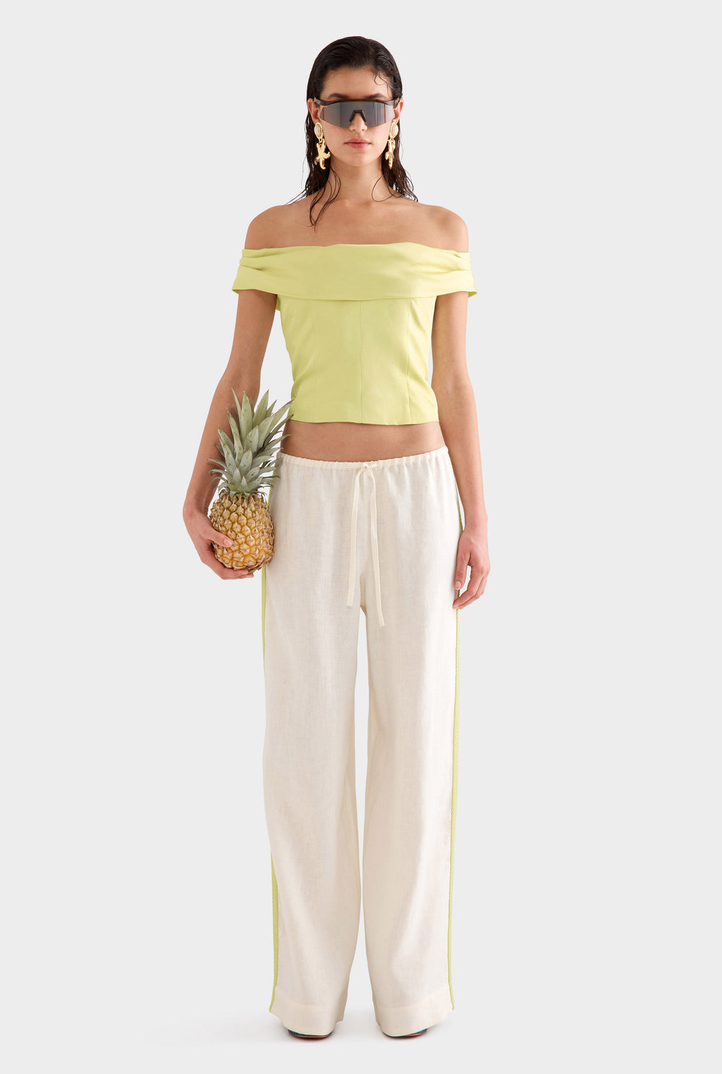 Wide Leg Linen Pant - Cream/Crochet Trim