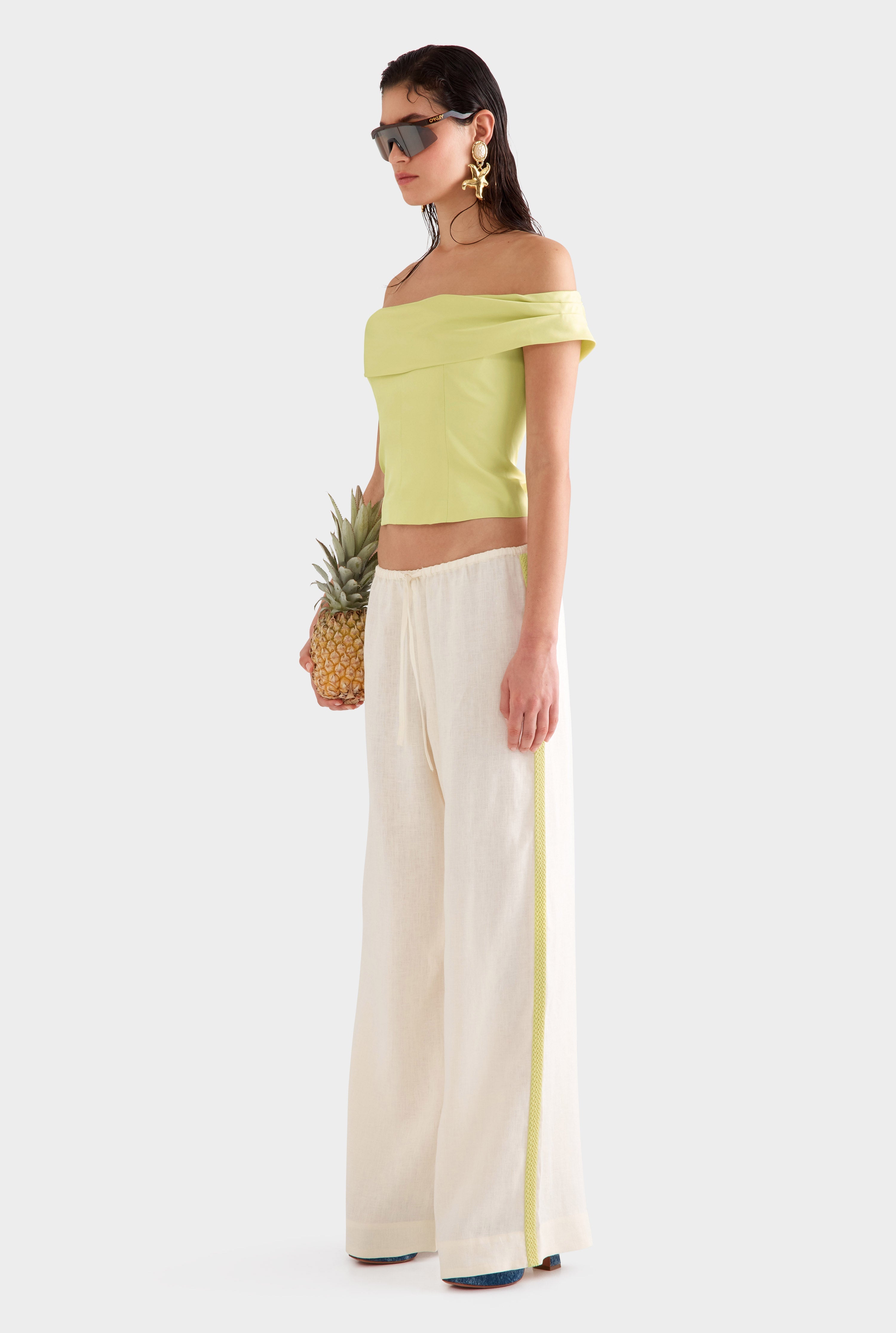 Wide Leg Linen Pant - Cream/Crochet Trim