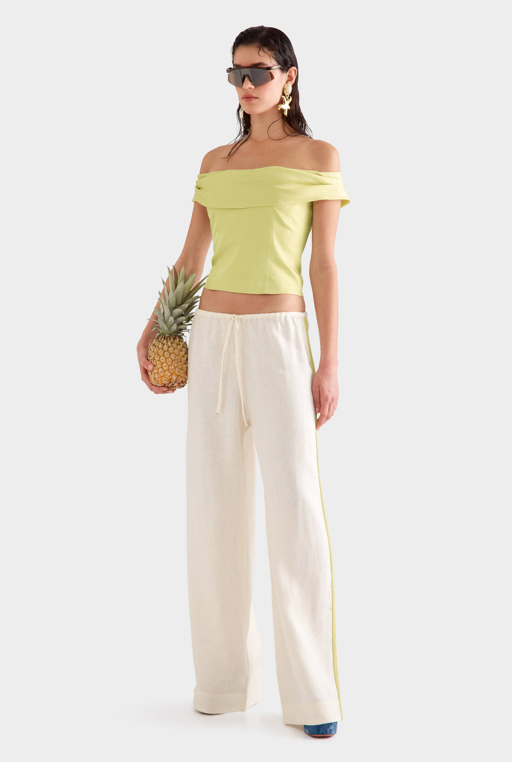 Wide Leg Linen Pant - Cream/Crochet Trim