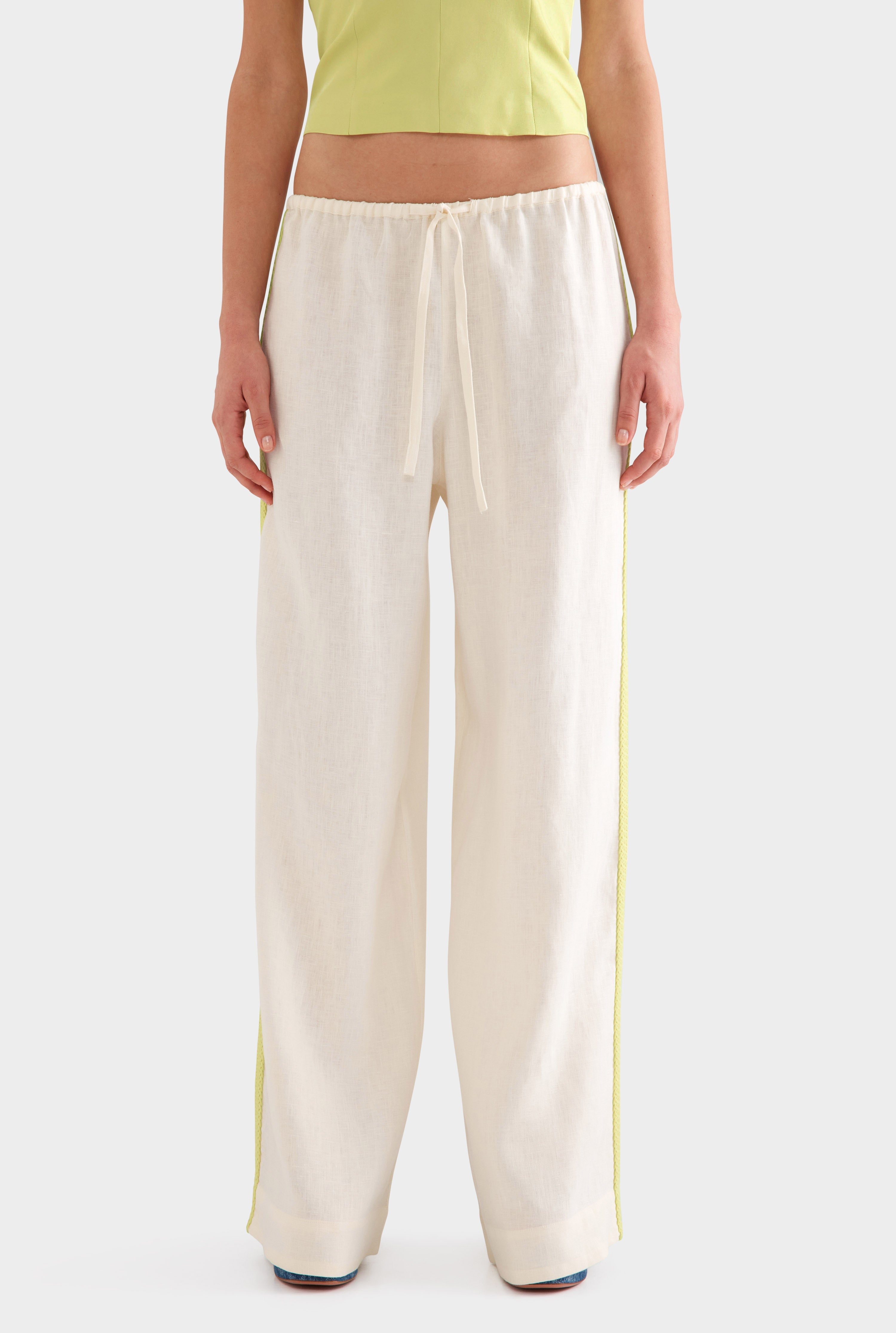 Wide Leg Linen Pant - Cream/Crochet Trim