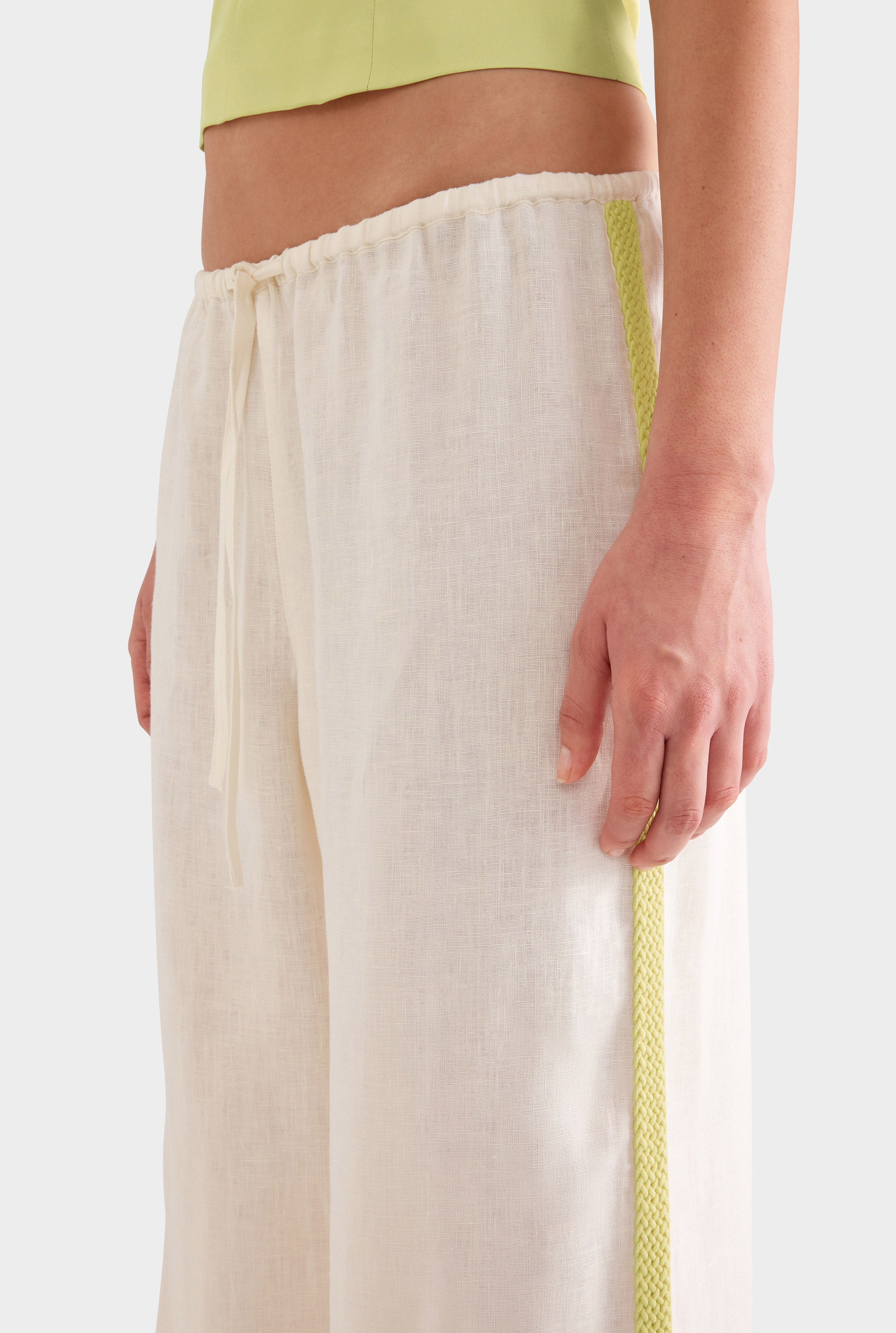 Wide Leg Linen Pant - Cream/Crochet Trim