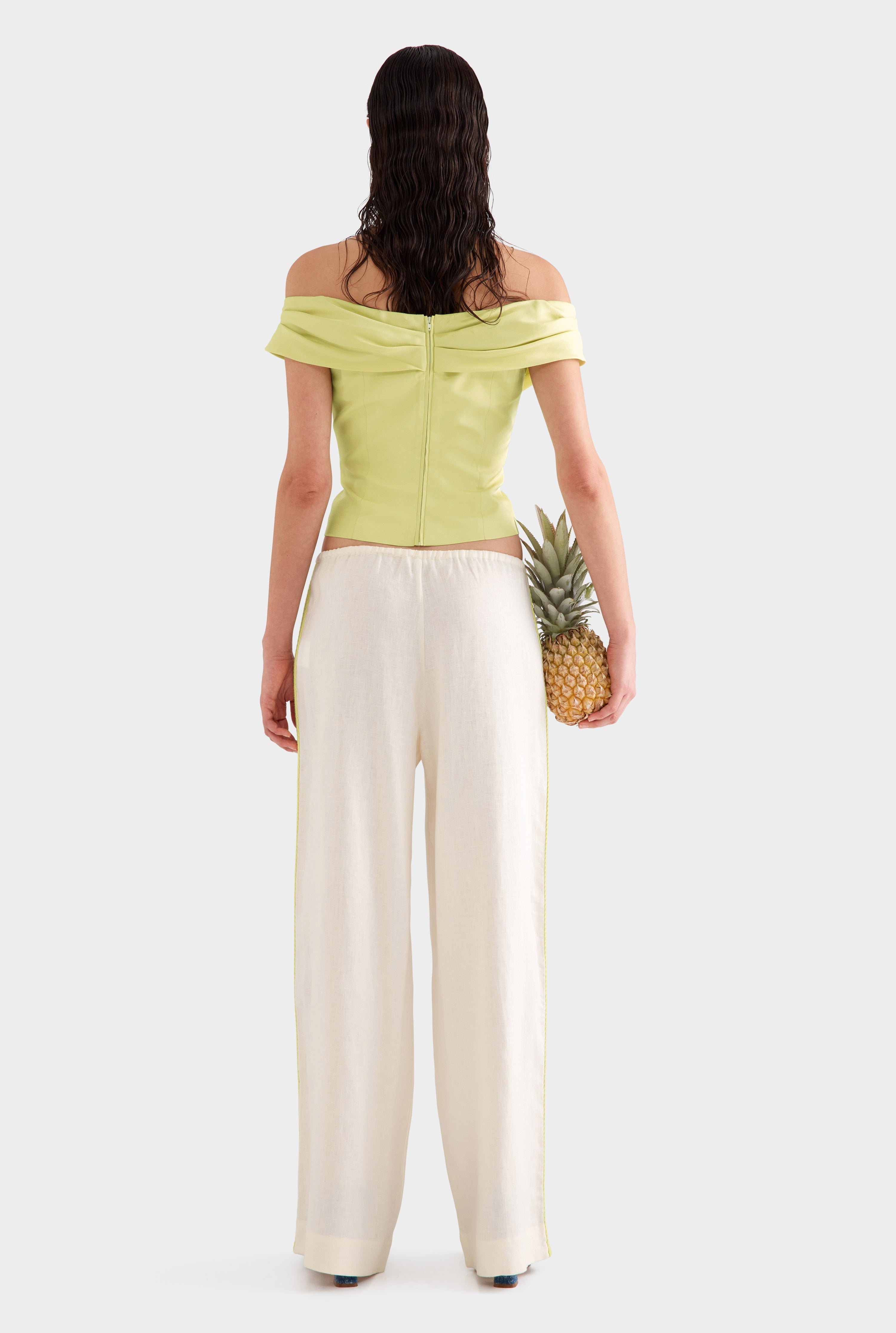 Wide Leg Linen Pant - Cream/Crochet Trim