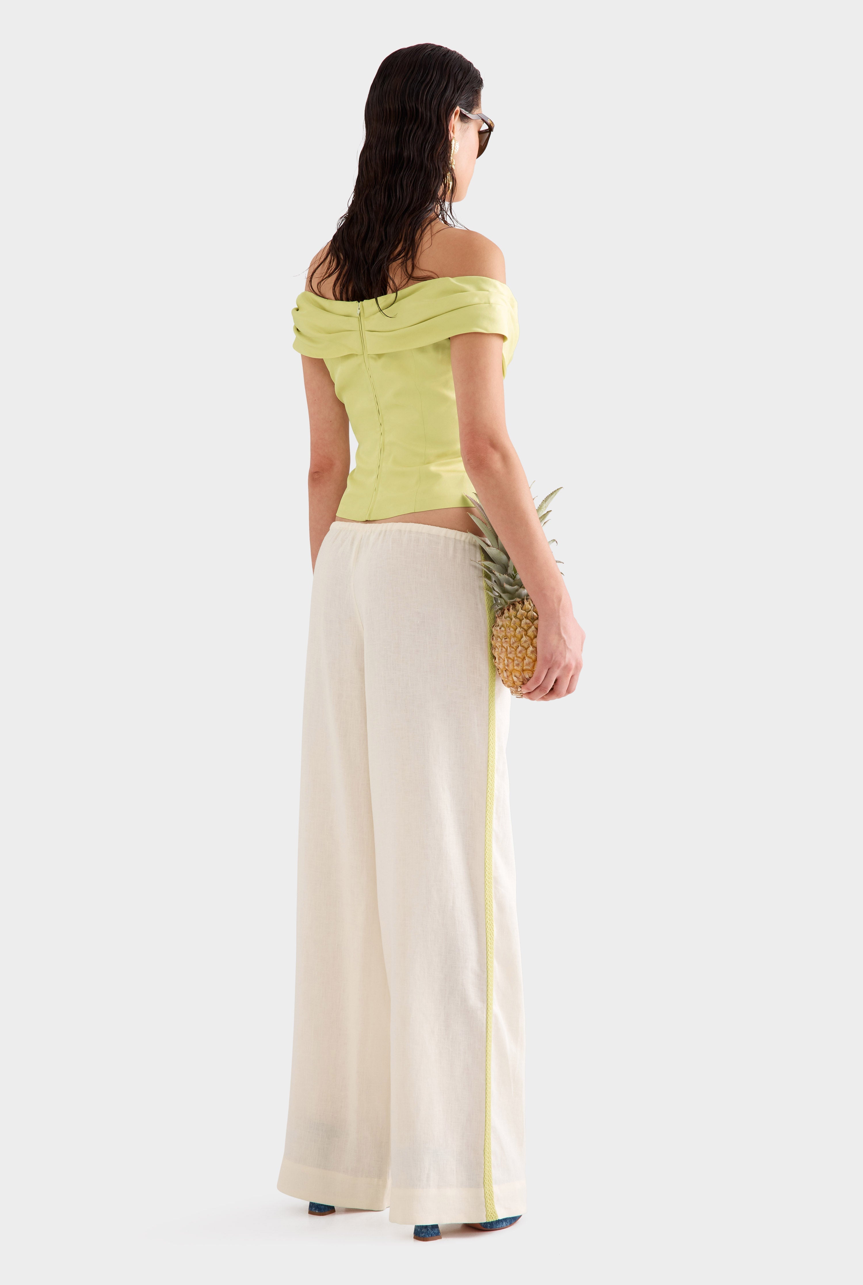 Wide Leg Linen Pant - Cream/Crochet Trim