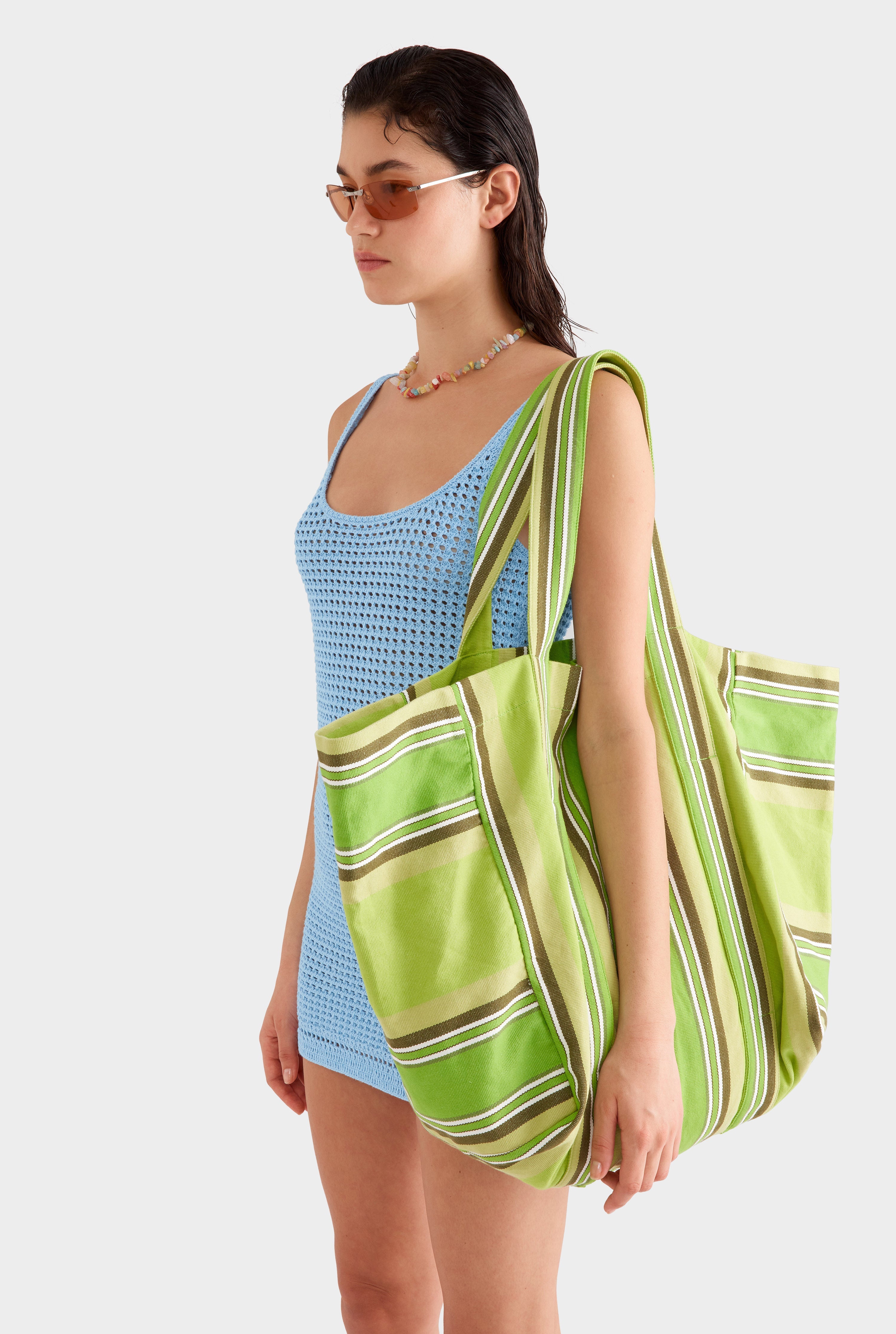 Woven Stripe Beach Tote - Green Stripe