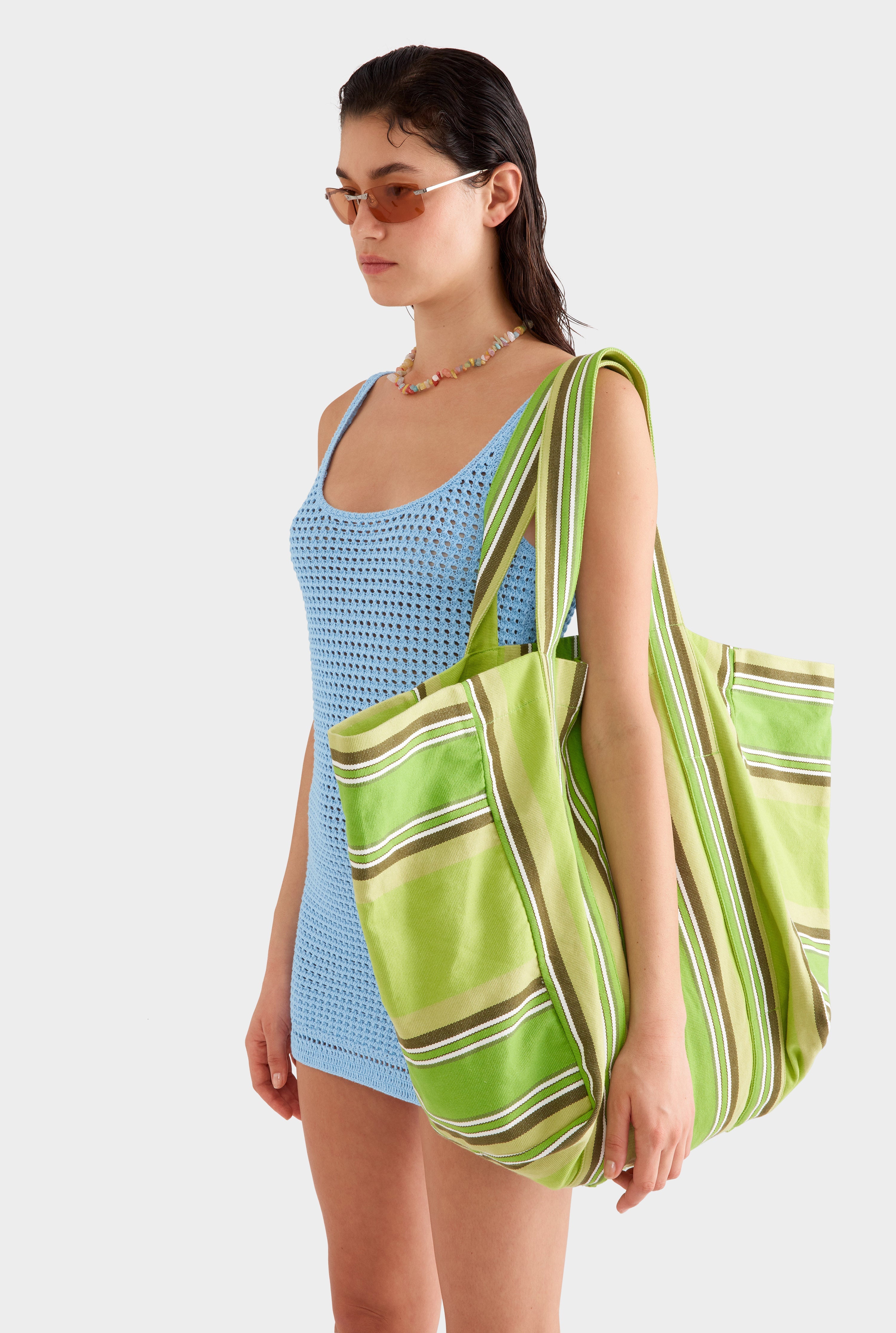 Woven Stripe Beach Tote - Green Stripe