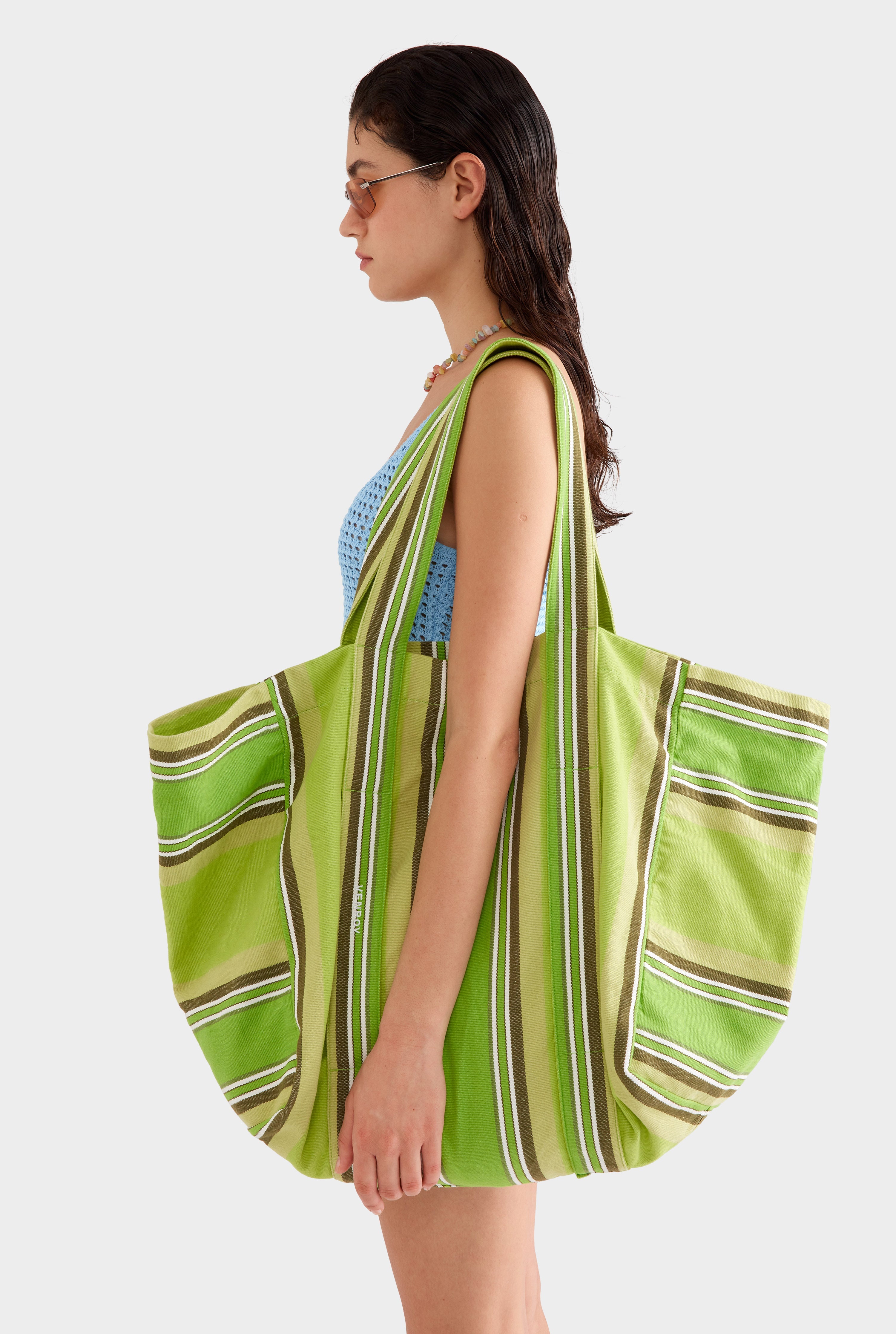 Woven Stripe Beach Tote - Green Stripe