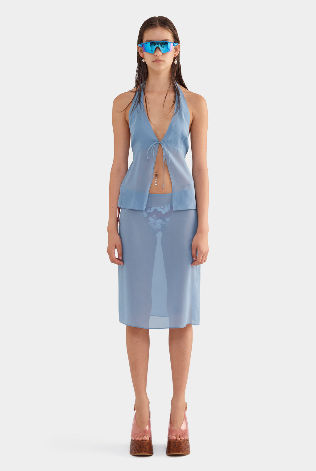 Sheer Silk Halter Top - Steel Blue