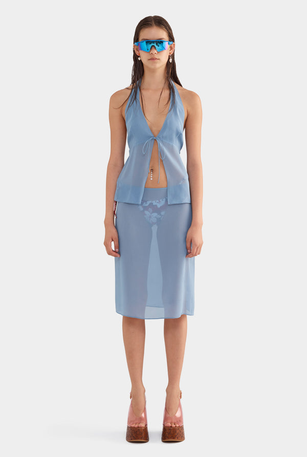 Knee Length Sheer Silk Skirt - Steel Blue