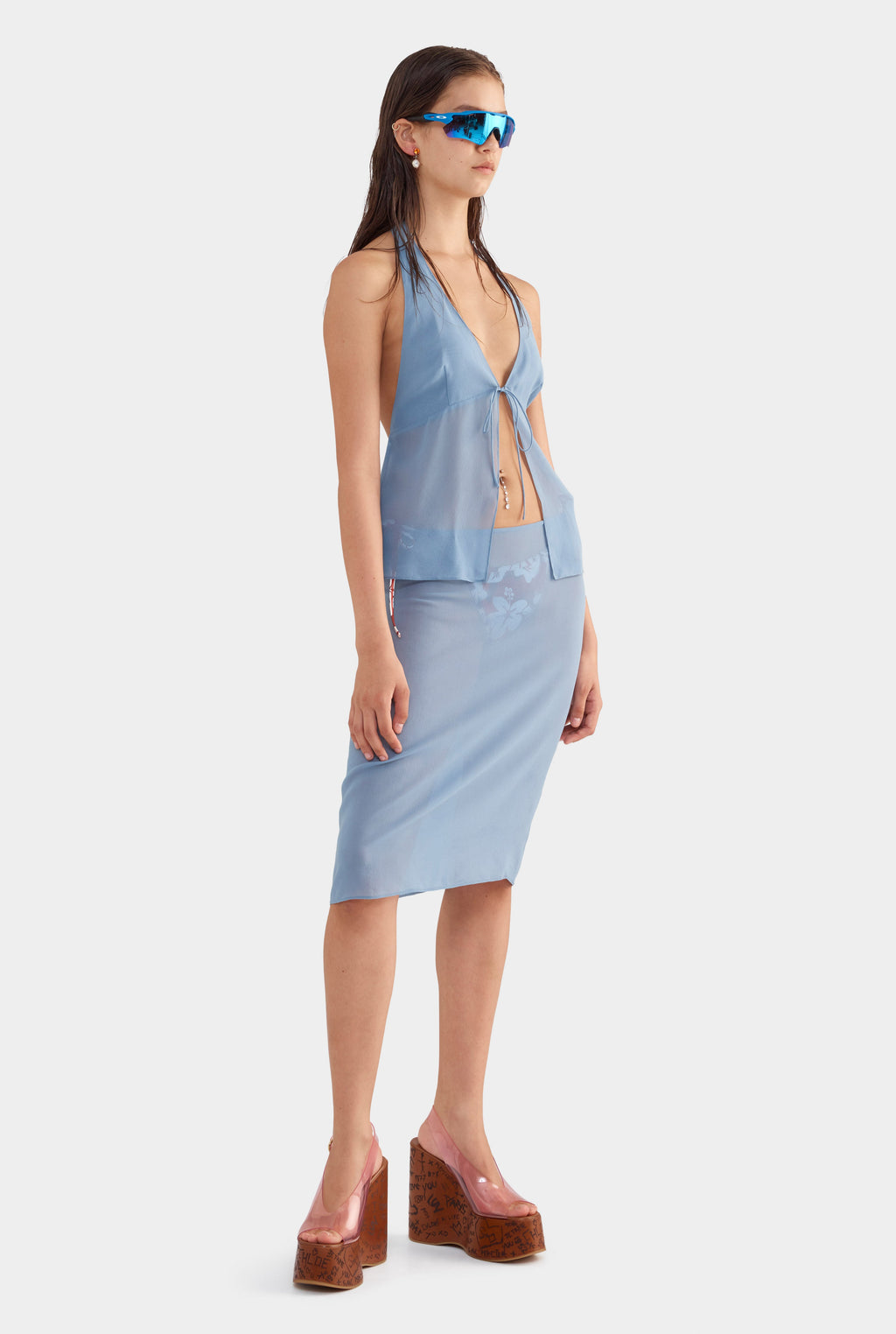 Sheer Silk Halter Top - Steel Blue