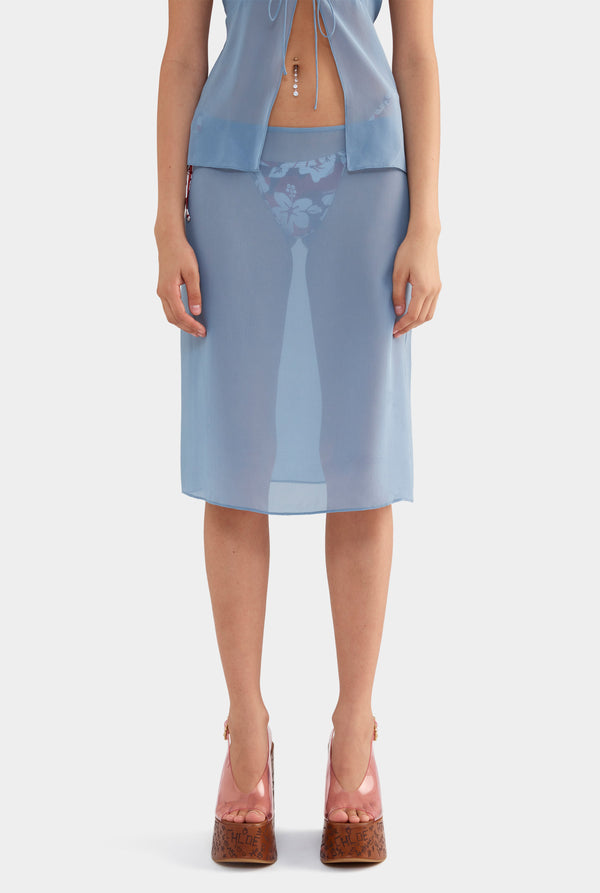 Knee Length Sheer Silk Skirt - Steel Blue