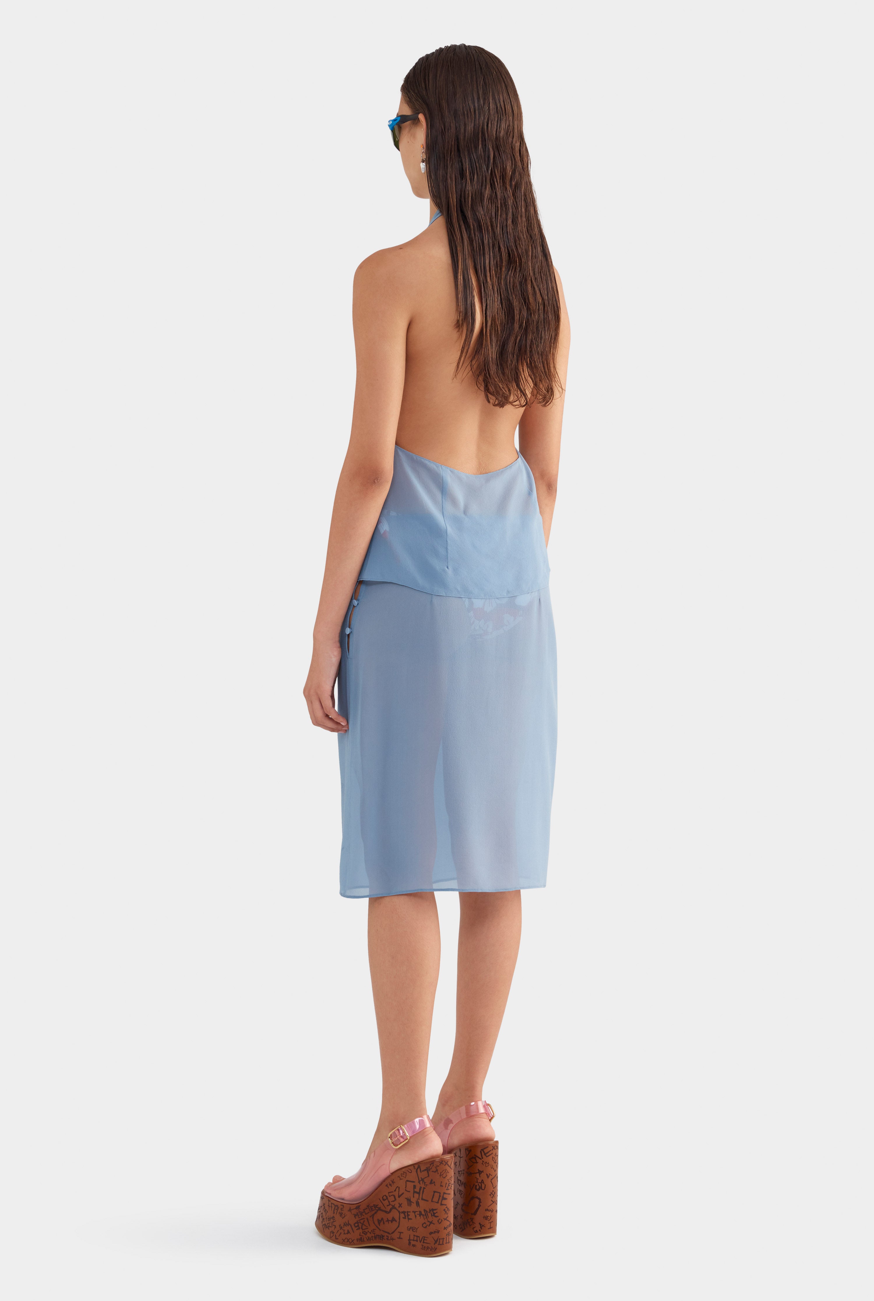 Sheer Silk Halter Top - Steel Blue