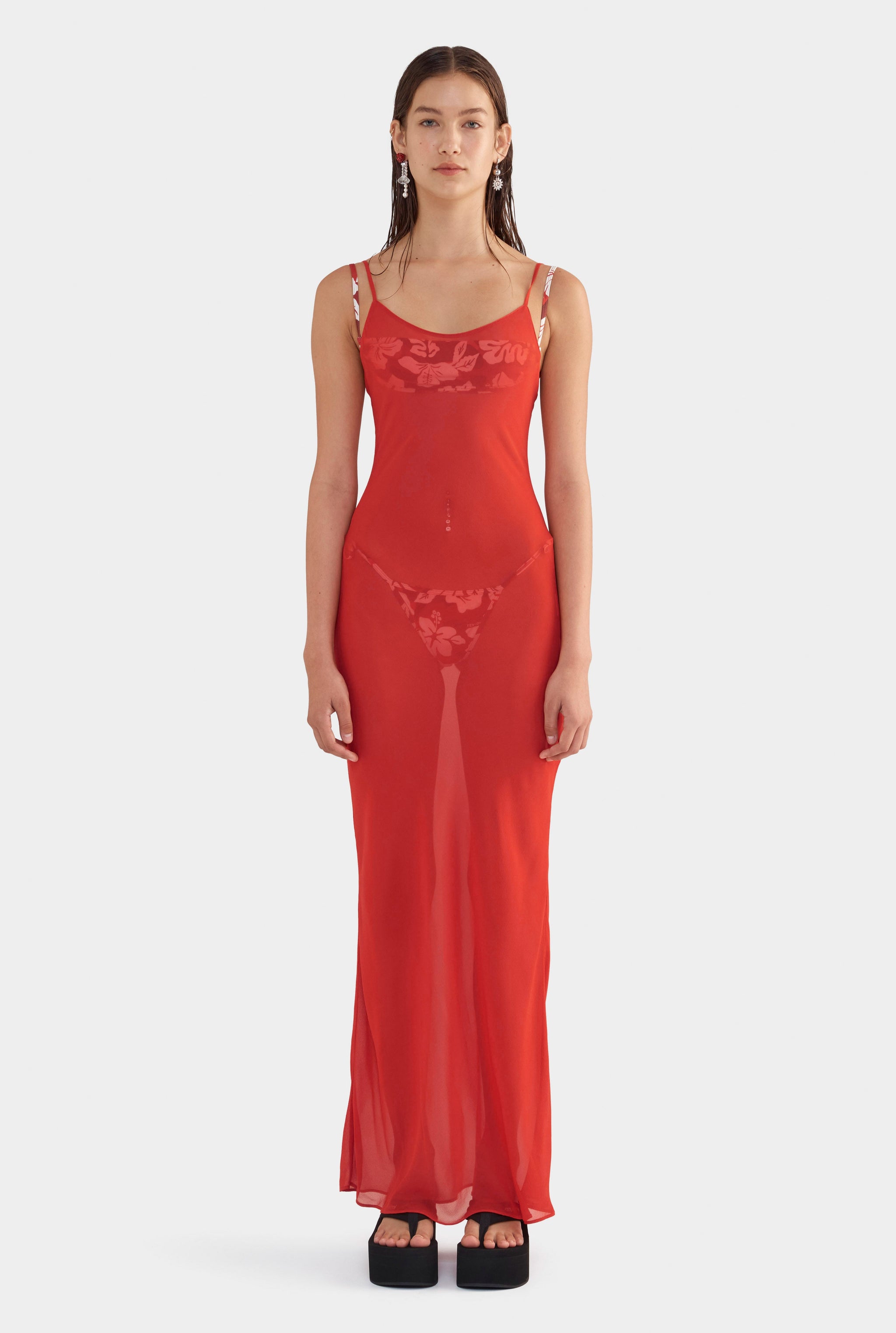 Womens Womens Womens Sheer Silk Slip Dress in Red