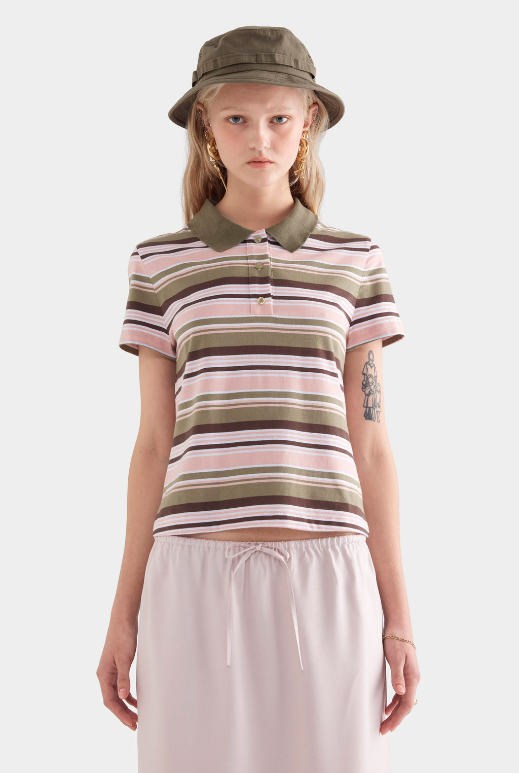Short Sleeve Striped Jersey Polo - Sage/Clay/White Stripe