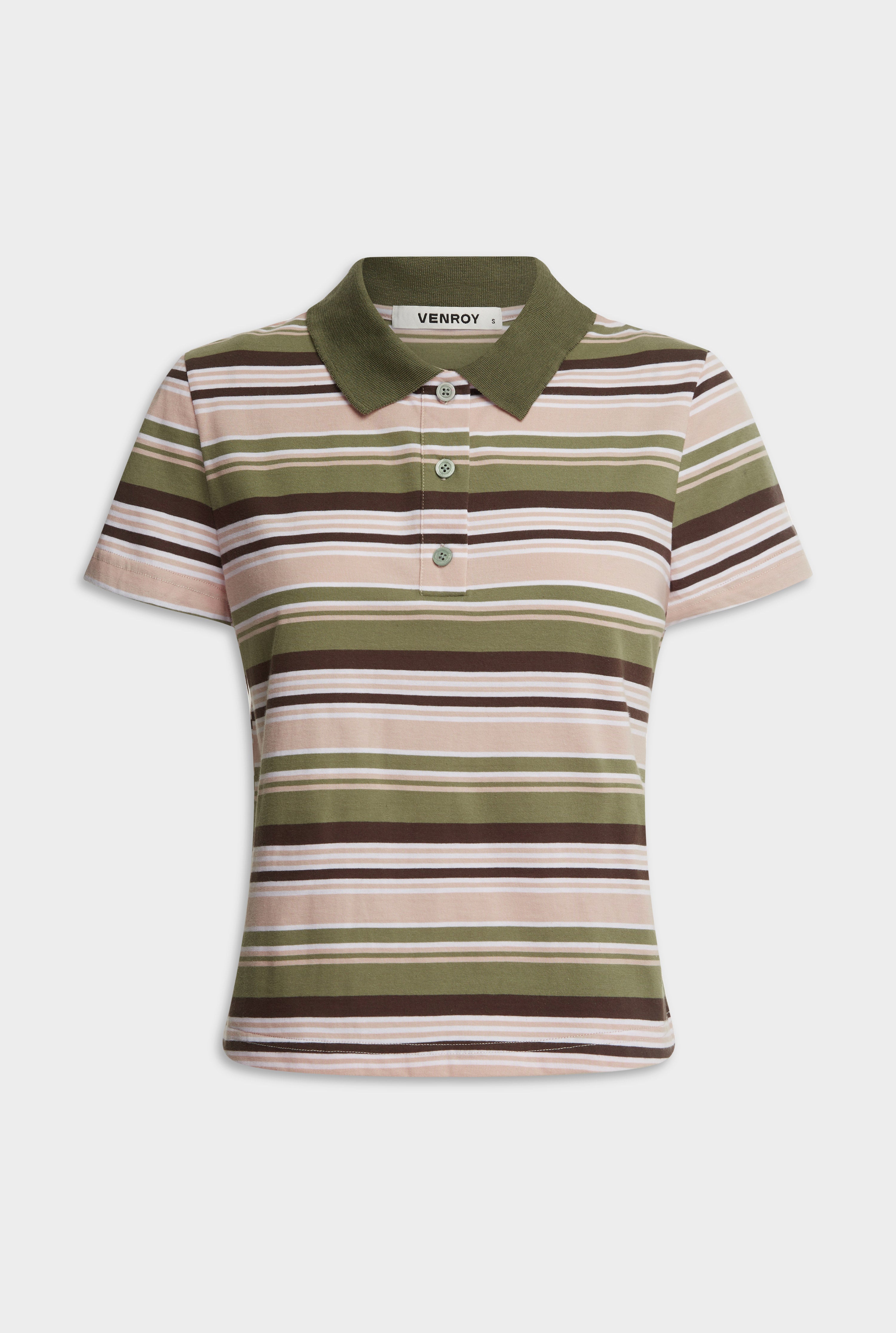 Short Sleeve Striped Jersey Polo - Sage/Clay/White Stripe
