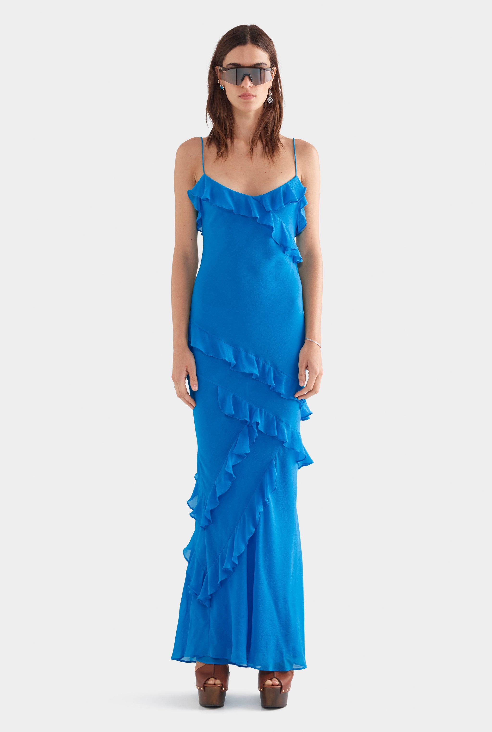 ruffle slip dress Off Shoulder low bottom adds movement and visual interest Ruffle Slip Maxi Dress in