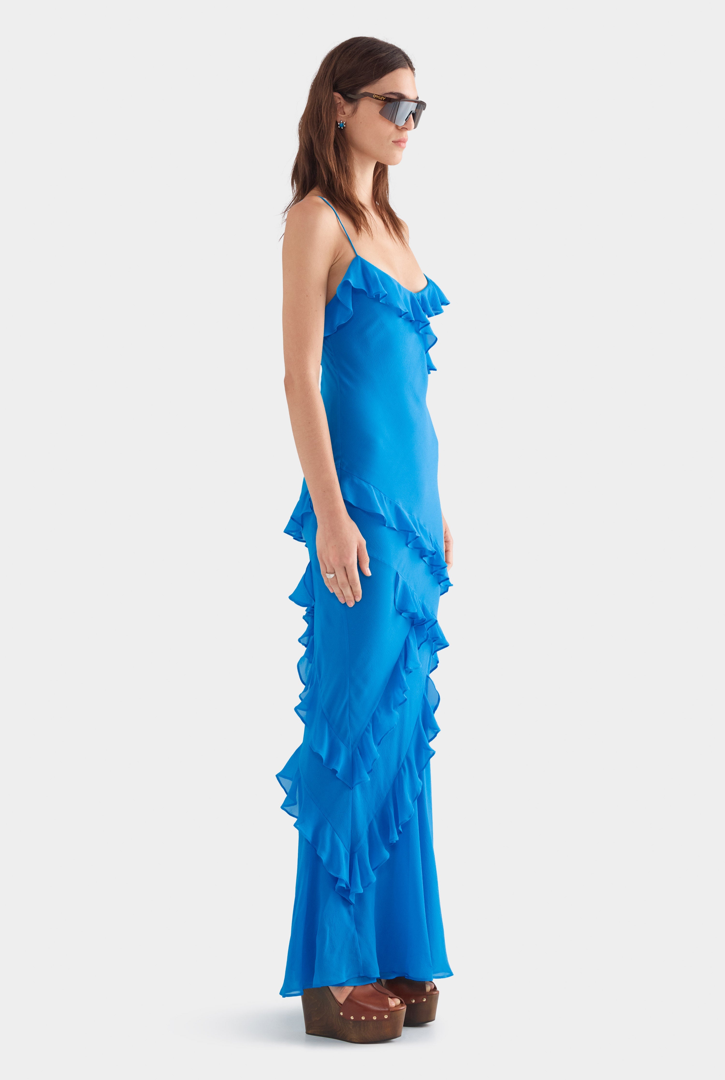 Silk Ruffle Slip Dress - Bright Blue