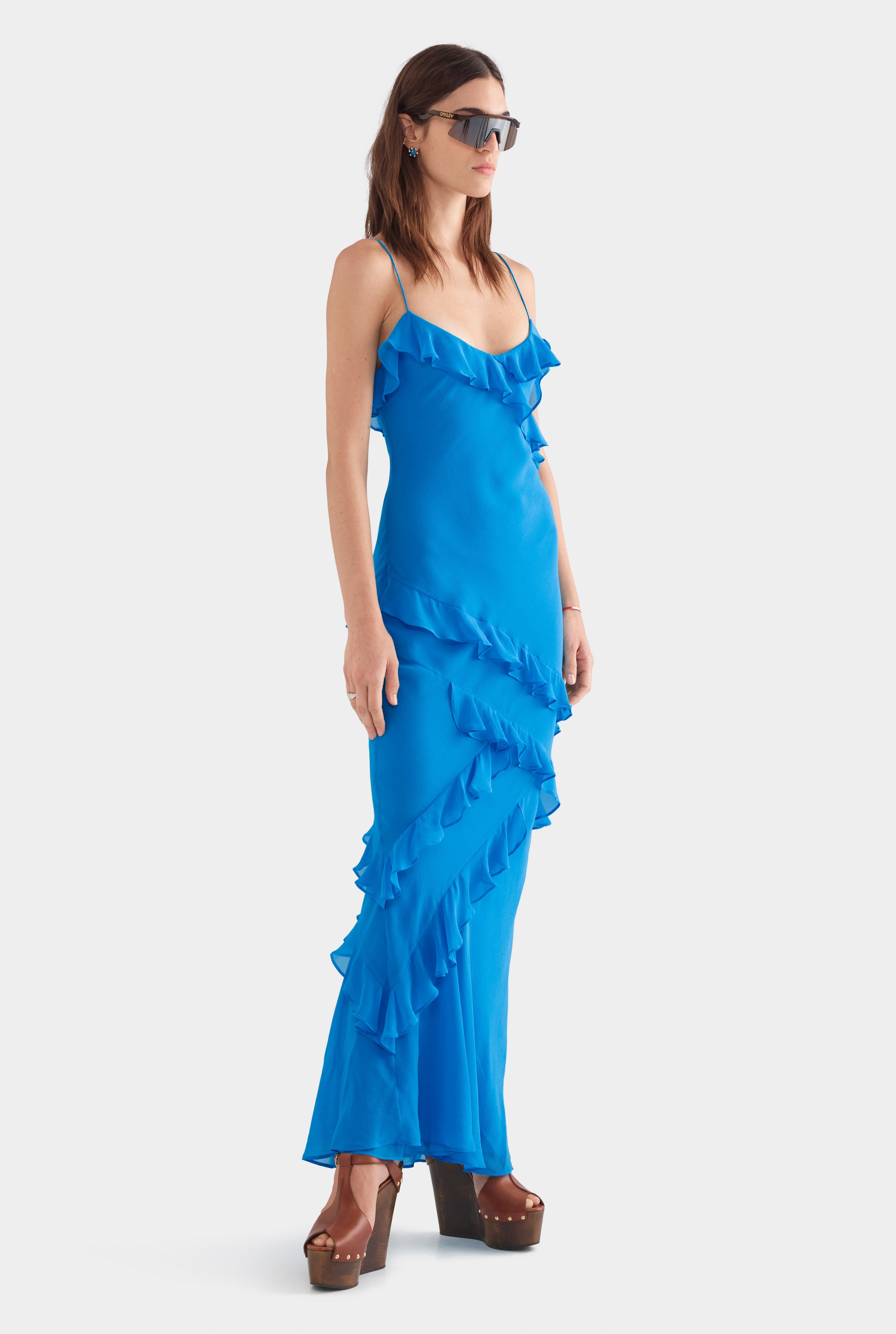 Silk Ruffle Slip Dress - Bright Blue