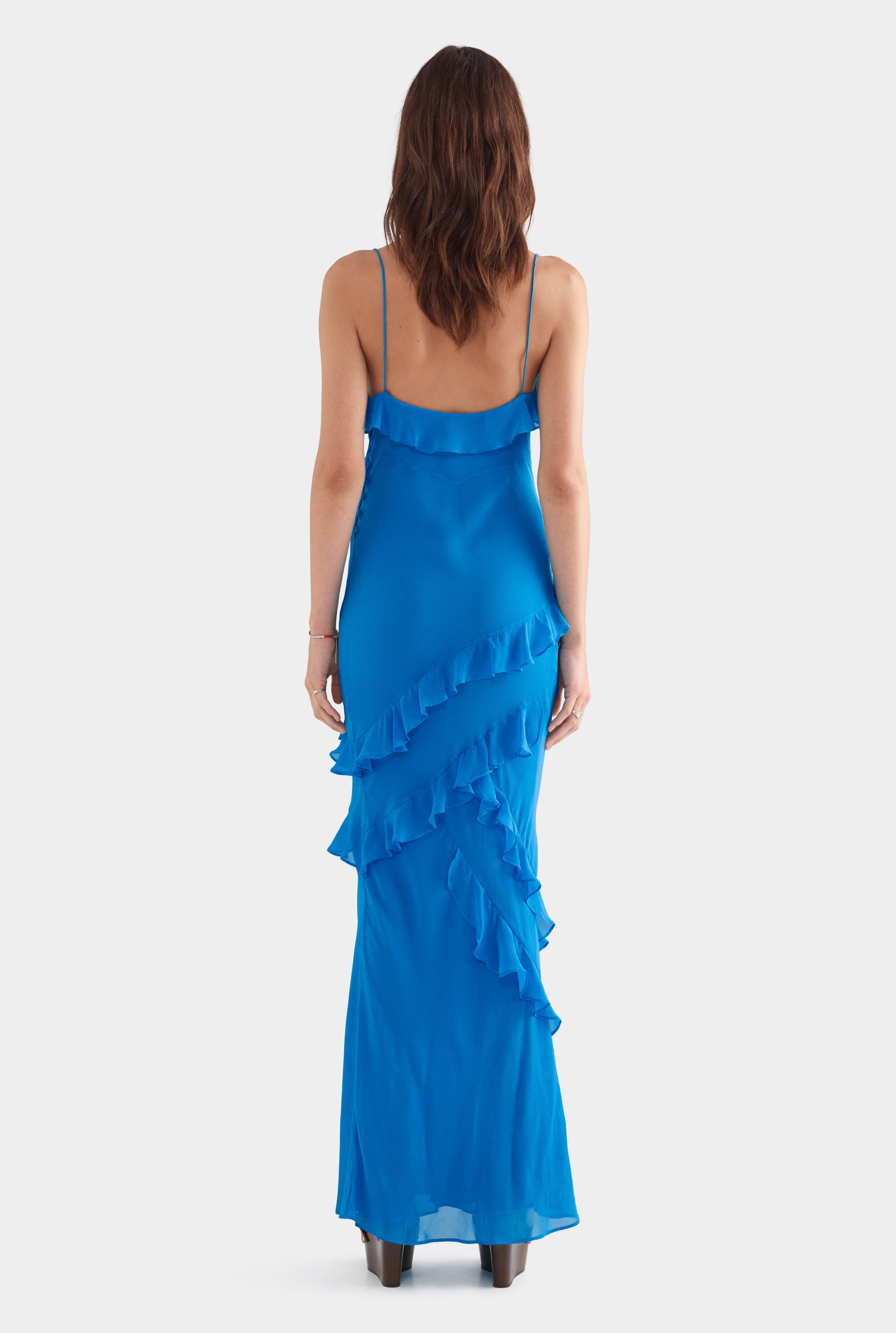 Silk Ruffle Slip Dress - Bright Blue