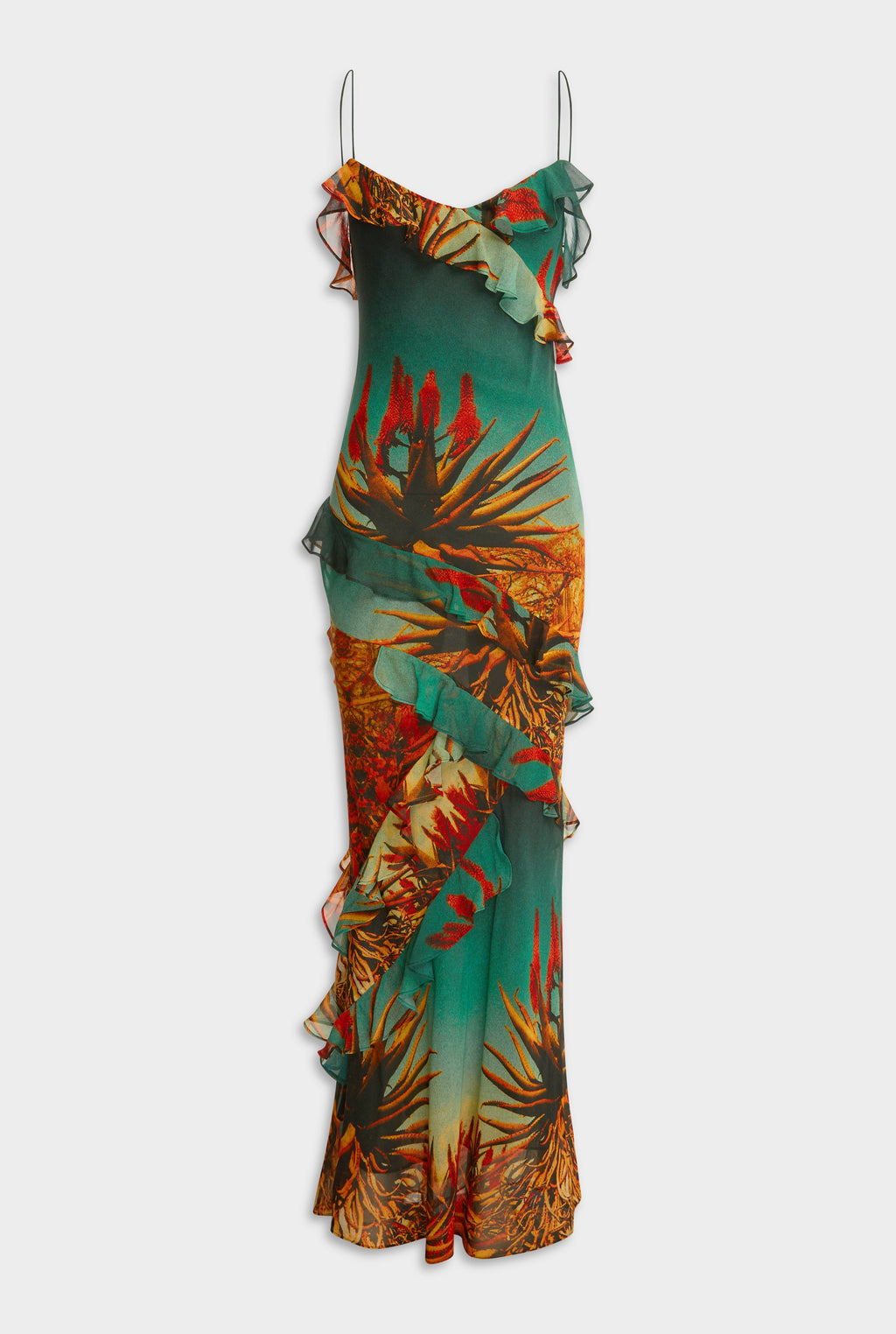 Silk Ruffle Slip Dress - Cactus Print